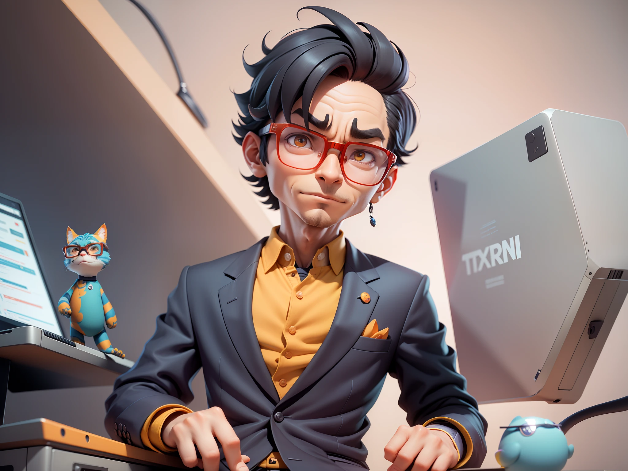 A young man in a suit, Short hair and glasses sat at his desk，holding laptop，digitial painting，tigre，3D character design by Mark Clairen and Pixar and Hayao Miyazaki and Akira Toriyama，4K HD illustration，Very detailed facial features and cartoon-style visuals。
