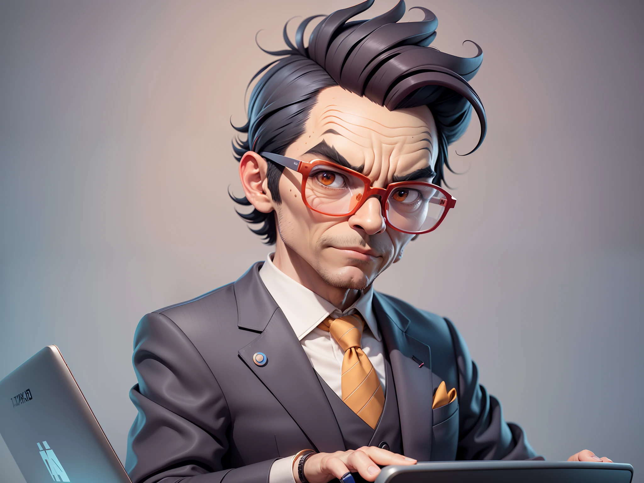 A young man in a suit, Short hair and glasses sat at his desk,holding laptop,digitial painting,tigre,3D character design by Mark Clairen and Pixar and Hayao Miyazaki and Akira Toriyama,4K HD illustration,Very detailed facial features and cartoon-style visuals。