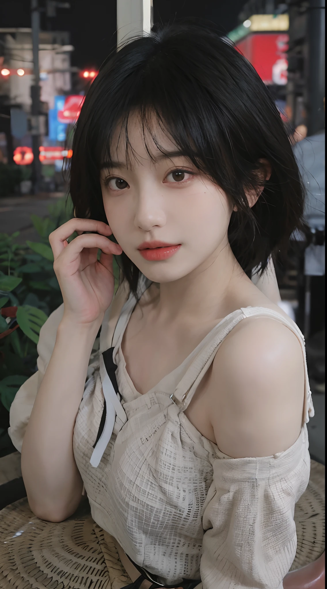 best qualtiy, 超高分辨率, (realisticlying:1.4), Focus:1.2, perfect figure beautiful woman:1.4 , (Streets at night:1.3), Highly detailed facial and skin texture, A detailed eye, 二重まぶた,Red lips,eye shadows,Whiten skin,(Air bangs:1.3),(with a round face:1.5),(Thin strap top:1.4)