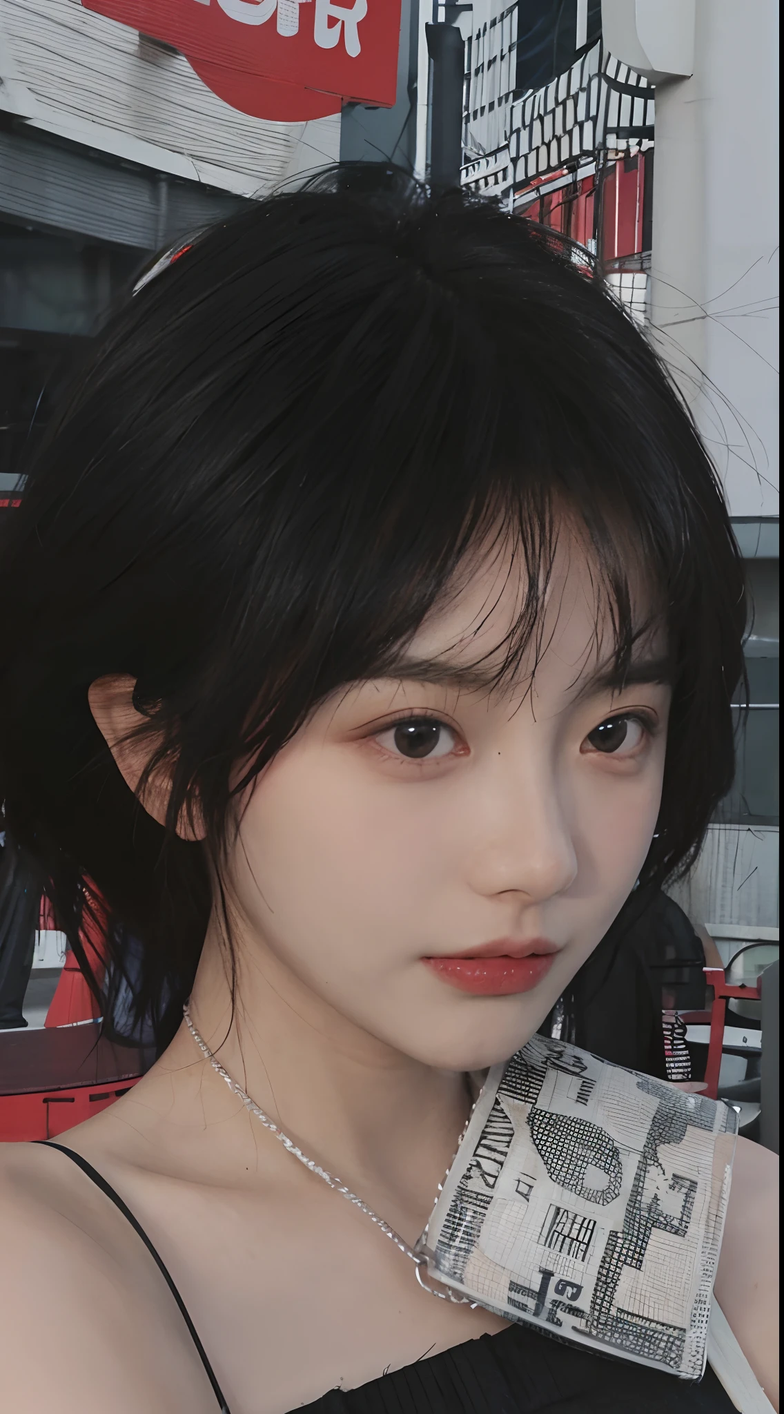 best qualtiy， 超高分辨率， （realisticlying：1.4）， Focus:1.2, perfect figure beautiful woman:1.4 , (Streets at night:1.3), Highly detailed facial and skin texture, A detailed eye, 二重まぶた，Red lips，eye shadows，Whiten skin，(Air bangs:1.3),(with a round face:1.5),(Thin strap top:1.4)
