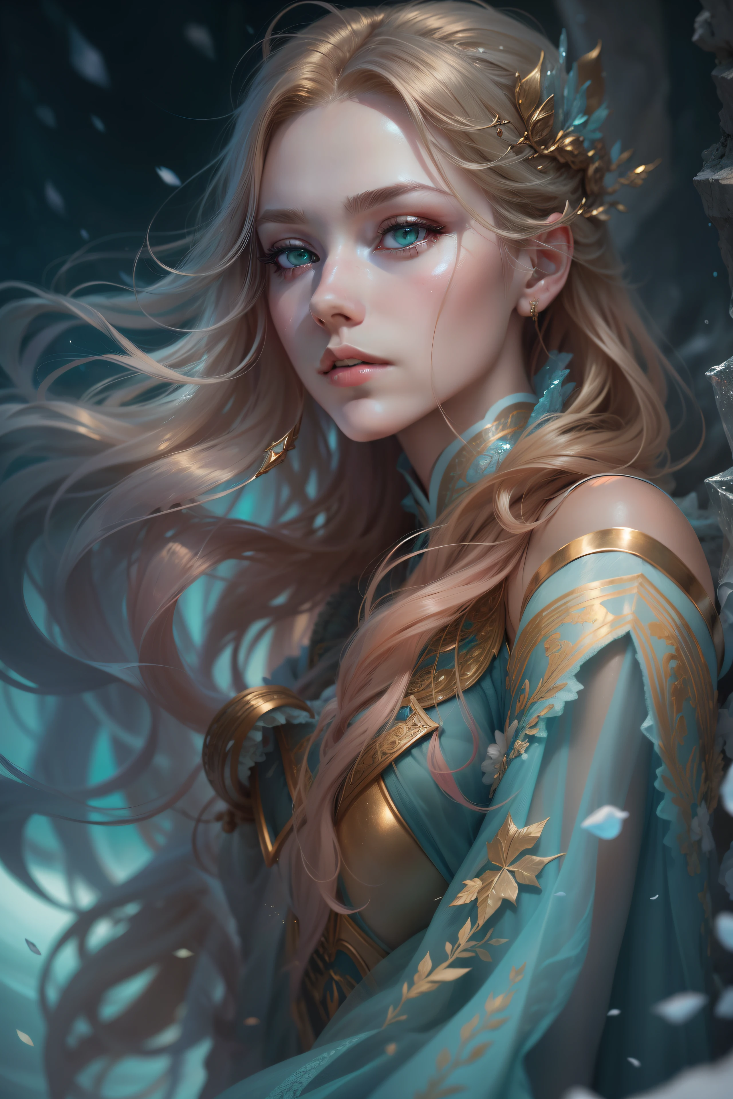 Set in a winter night with the mysterious Ice Queen、Beautiful woman in long red dress with green eyes and golden hair and golden details on background, Clear facial features, A detailed eye, Perfect Face and Perfect Body, Cinematic, Convoluted, 35mm lens, F/1.8 Enhancement Lighting, Ultra-realistic global lighting, Very beautiful., underwater scene, Ethereal, Dreamy, Pastel colors, Flowing hair, Digital Painting, Art Station, conceptual art, Soft, Sharp Focus, ArtGerm, Deviant art and art station trends