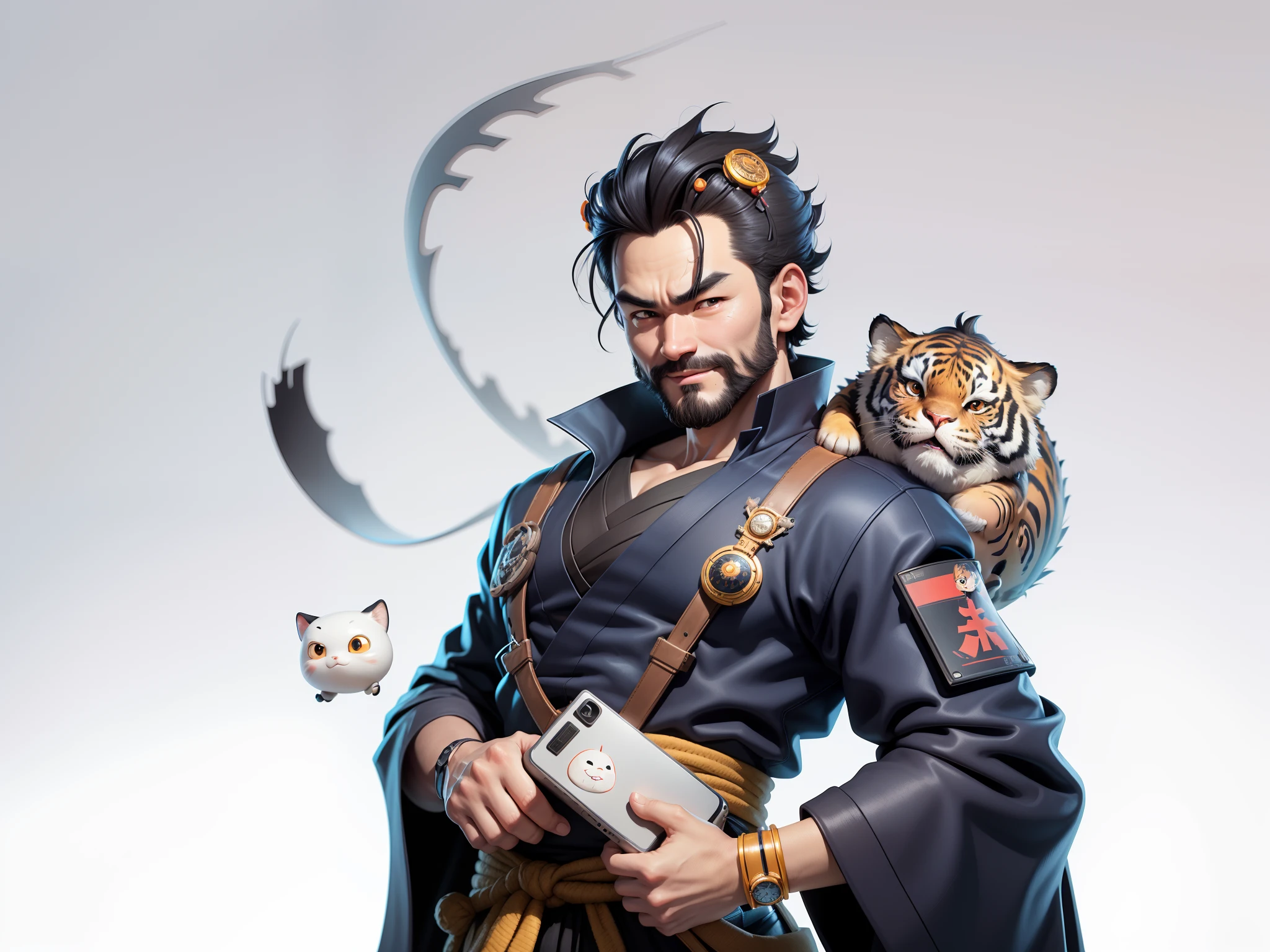 (Daisaku),(Need),(Super meticulous),(full bodyesbian:1.2),Super young man with Japanese geisha，Beautiful，orient，one tiger，Aeolian Thor，Raised sexy，爆乳，Oriental face，TV Anchor，Bust portrait illustration，In black suit，a blue tie，The face is slightly chubby，The face was clean，without a beard，Black super short hair，Black eyes，Smile confidently，3C computer sub-products，iPad， iphone，Digital painting，3D character design by Mark Clairen and Pixar and Hayao Miyazaki and Akira Toriyama，The illustration is a high-definition illustration in 4K resolution，With very detailed facial features and cartoon-style visuals。