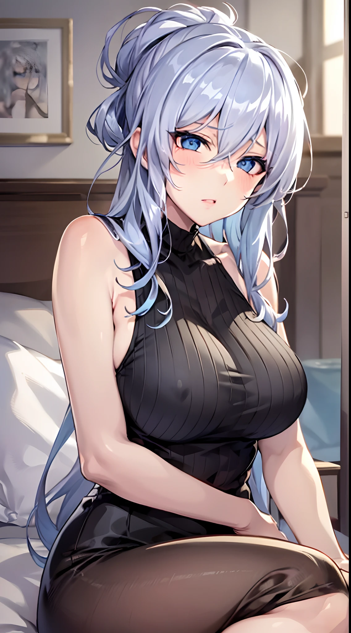 in bed, silver hair and blue eyes, black shirt and no bra, anime visual of a cute girl, screenshot from the anime film, & her expression is solemn, in the anime film, in an anime, anime visual of a young woman, she has a cute expressive face, still from anime, big breast, red cheek, lustful face, fair skin