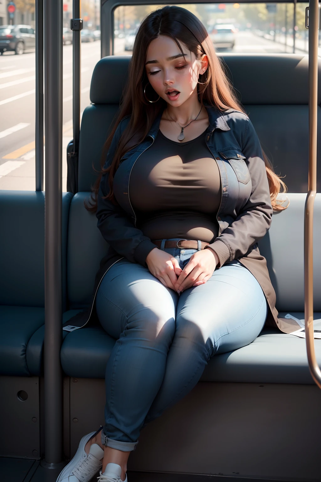 1 beautiful woman, big body, long hair, brown hair, BLUE SHIRT, thermal black jacket, blue jeans, black wallet, white sneakers, open mouth, asleep on the bus.
