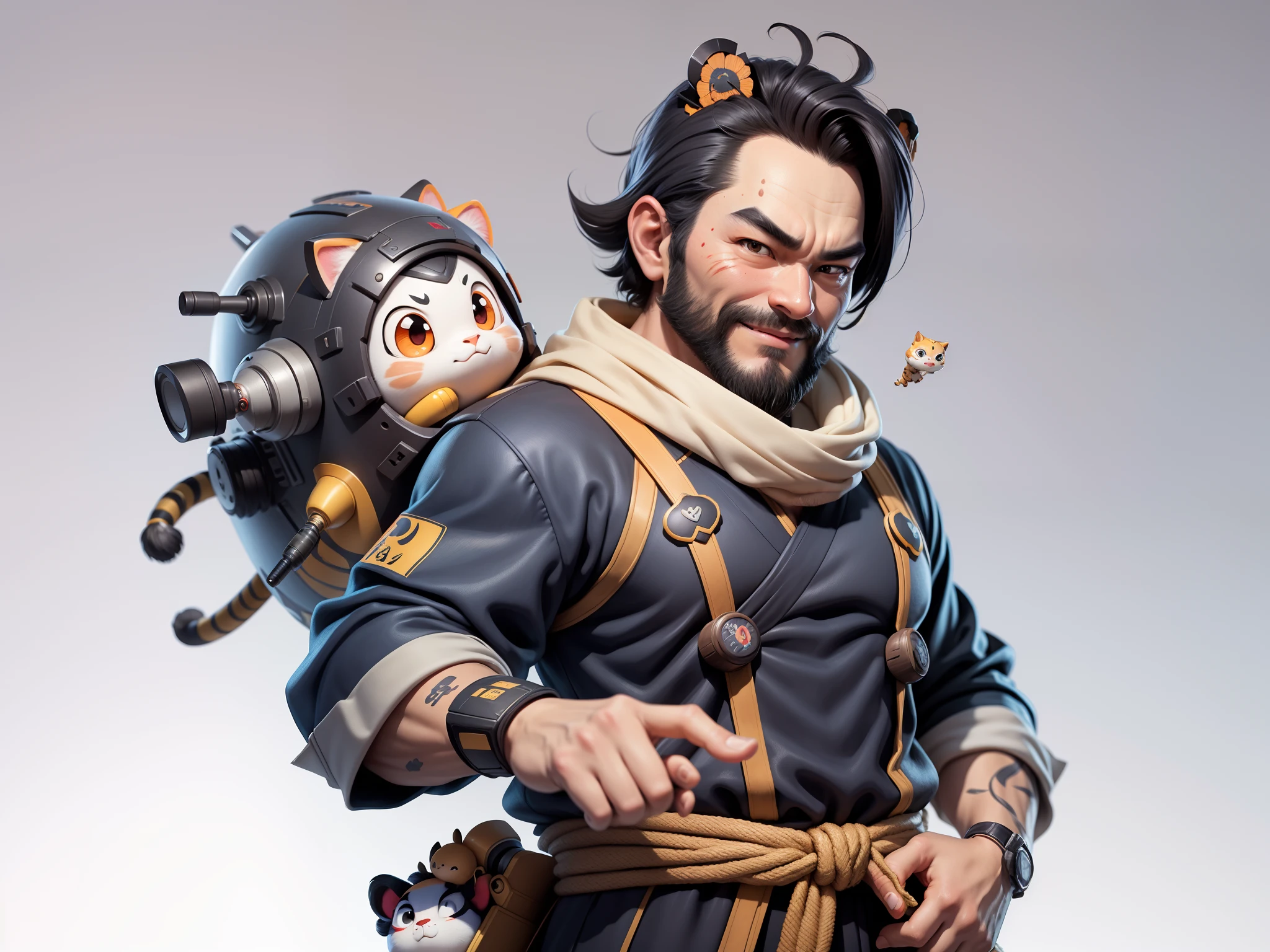 (Daisaku),(Need),(Super meticulous),(full bodyesbian:1.2),Super young man with Japanese geisha，Beautiful，orient，one tiger，Aeolian Thor，Raised sexy，爆乳，Oriental face，TV Anchor，Bust portrait illustration，In black suit，a blue tie，The face is slightly chubby，The face was clean，without a beard，Black super short hair，Black eyes，Smile confidently，3C computer sub-products，iPad， iphone，Digital painting，3D character design by Mark Clairen and Pixar and Hayao Miyazaki and Akira Toriyama，The illustration is a high-definition illustration in 4K resolution，With very detailed facial features and cartoon-style visuals。