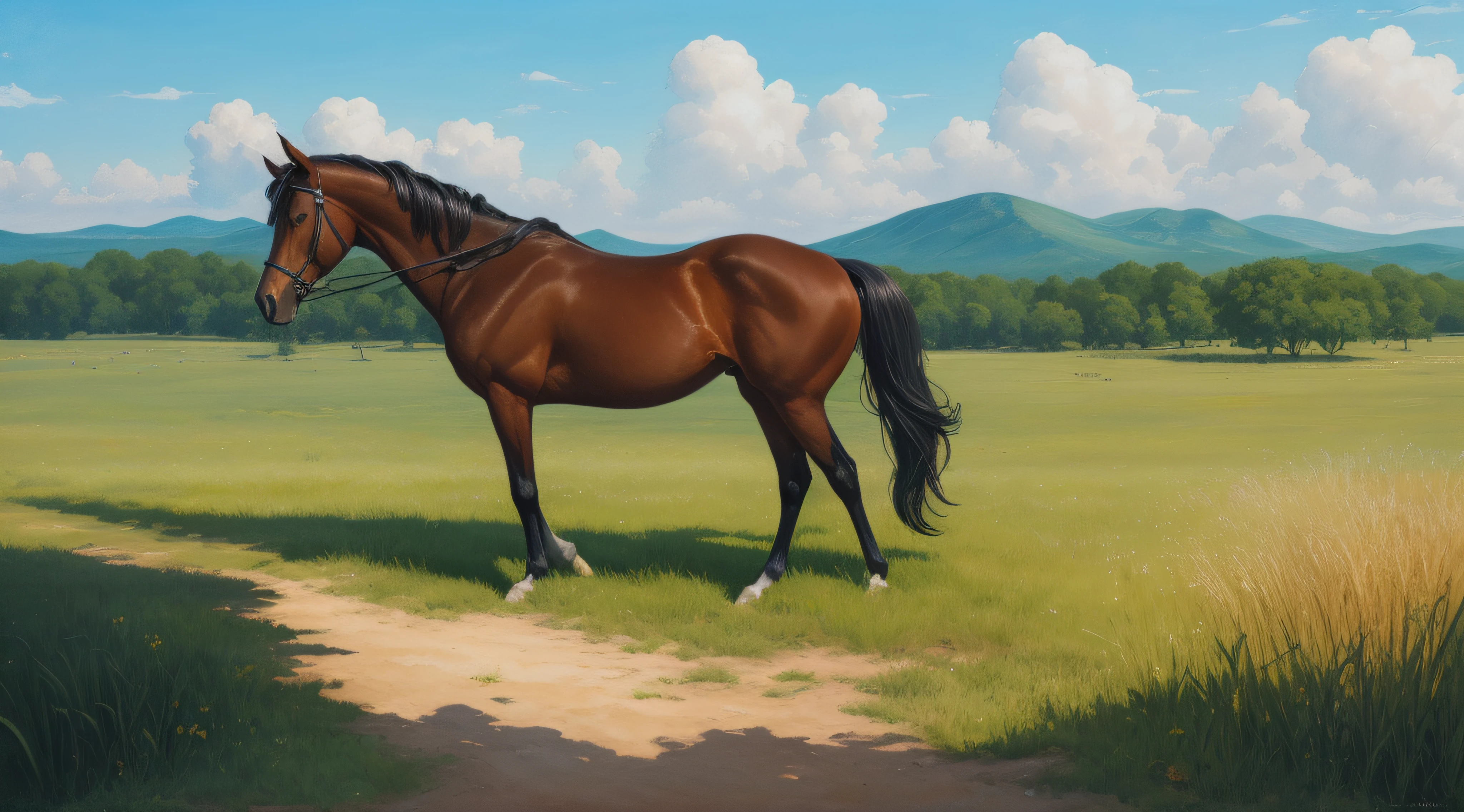 A horse on a field of grass, sunny day, summer, hyper detailed, ultra quality, hd quality, 32k resolution, photo realistic, ultra realistic, best quality, epic, wallpaper, a masterpiece, Thick Brush Strokes, Impasto Gouache, thick layers of gouache watercolors textured on Canvas, Maximalist, impressionist