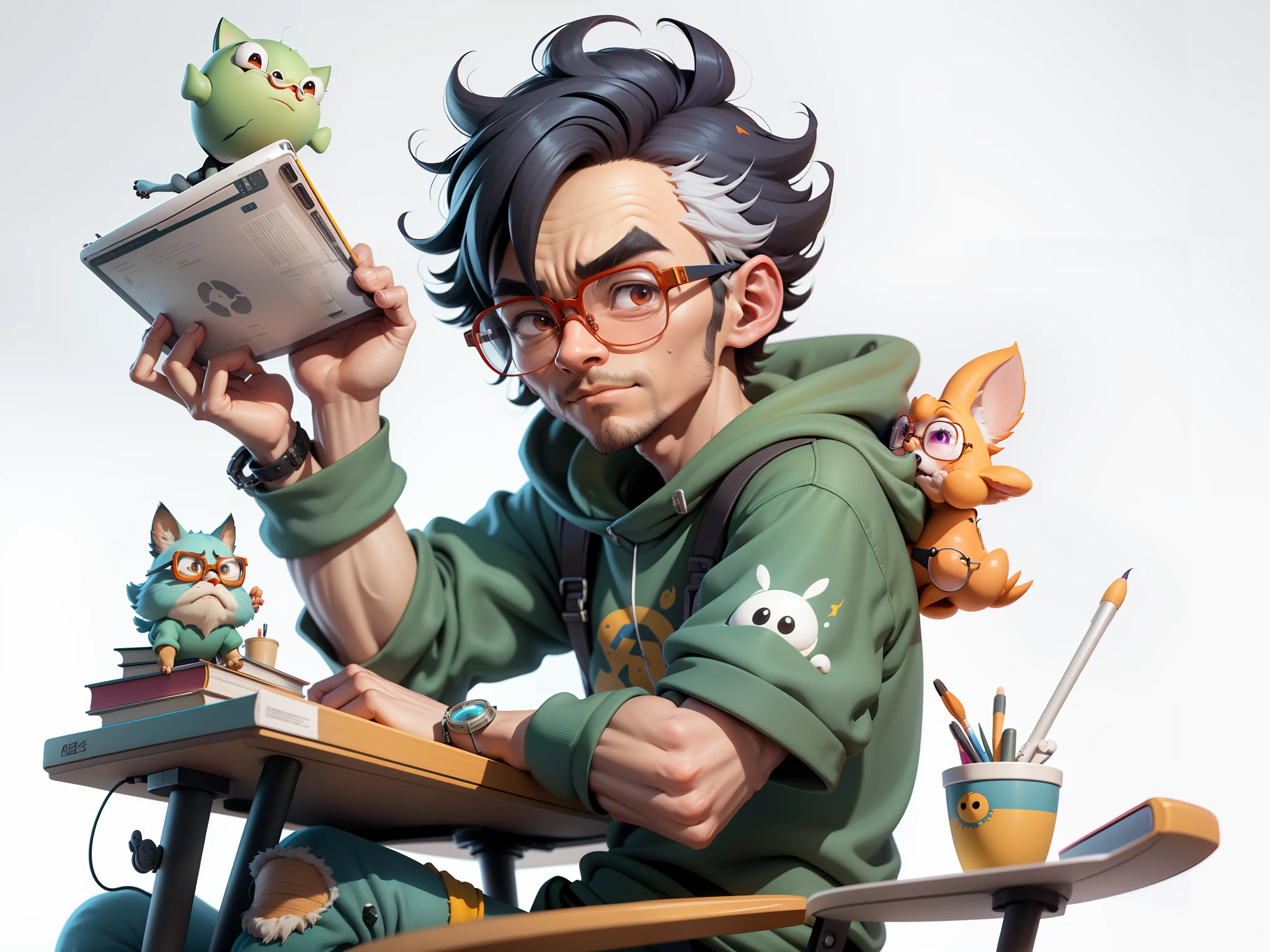 A young man with glasses sits at his desk,holding laptop,digitial painting,3D character design by Mark Clairen and Pixar and Hayao Miyazaki and Akira Toriyama,4K HD illustration,Very detailed facial features and cartoon-style visuals。