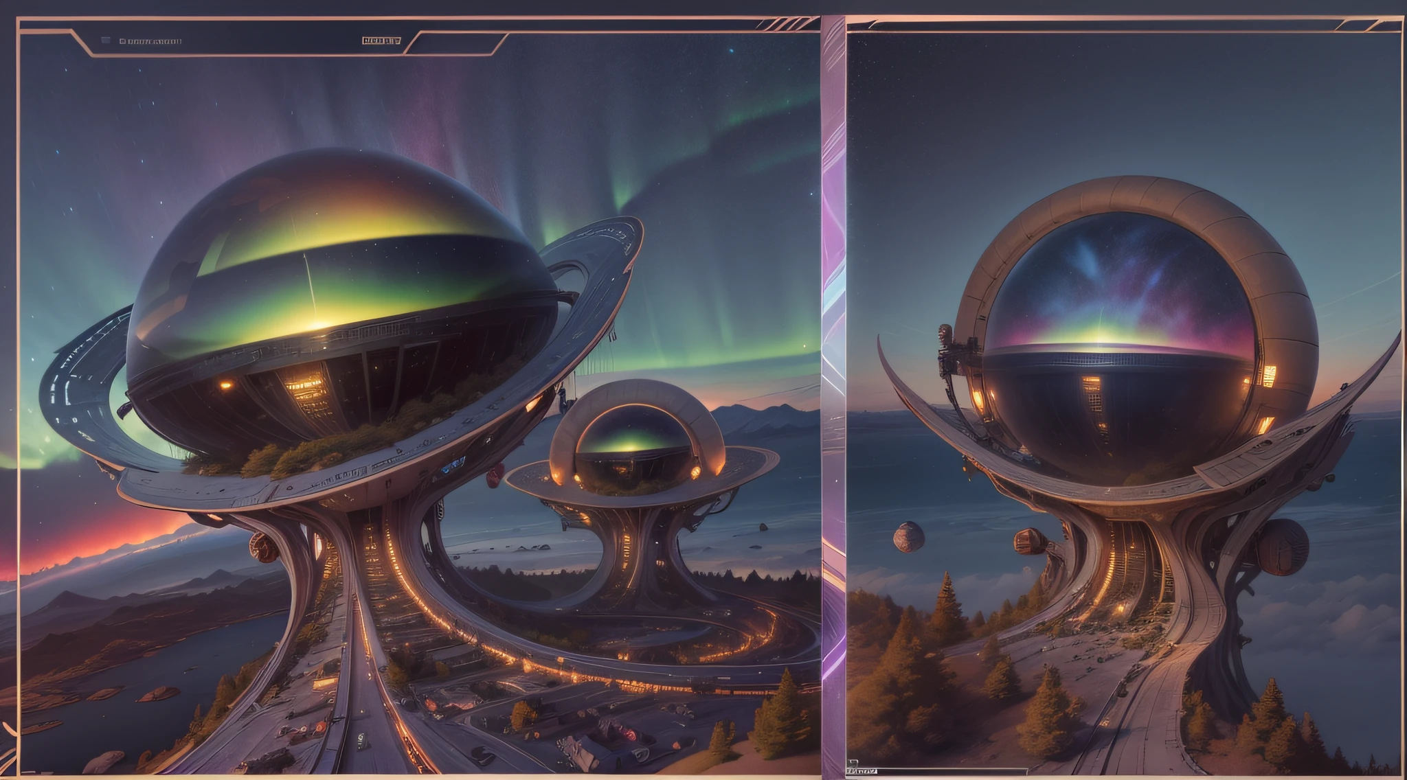Nave espacial, alien, formas ovais, translucent metal, landing on a base of a planet in another galaxy, ambiente noturno, auroras, fractal, whisps, raios, Distant lands with alien vegetation, detalhes intrincados, Fictional art, arte de Clemilton Barbosa, premiado, obra prima, 16K