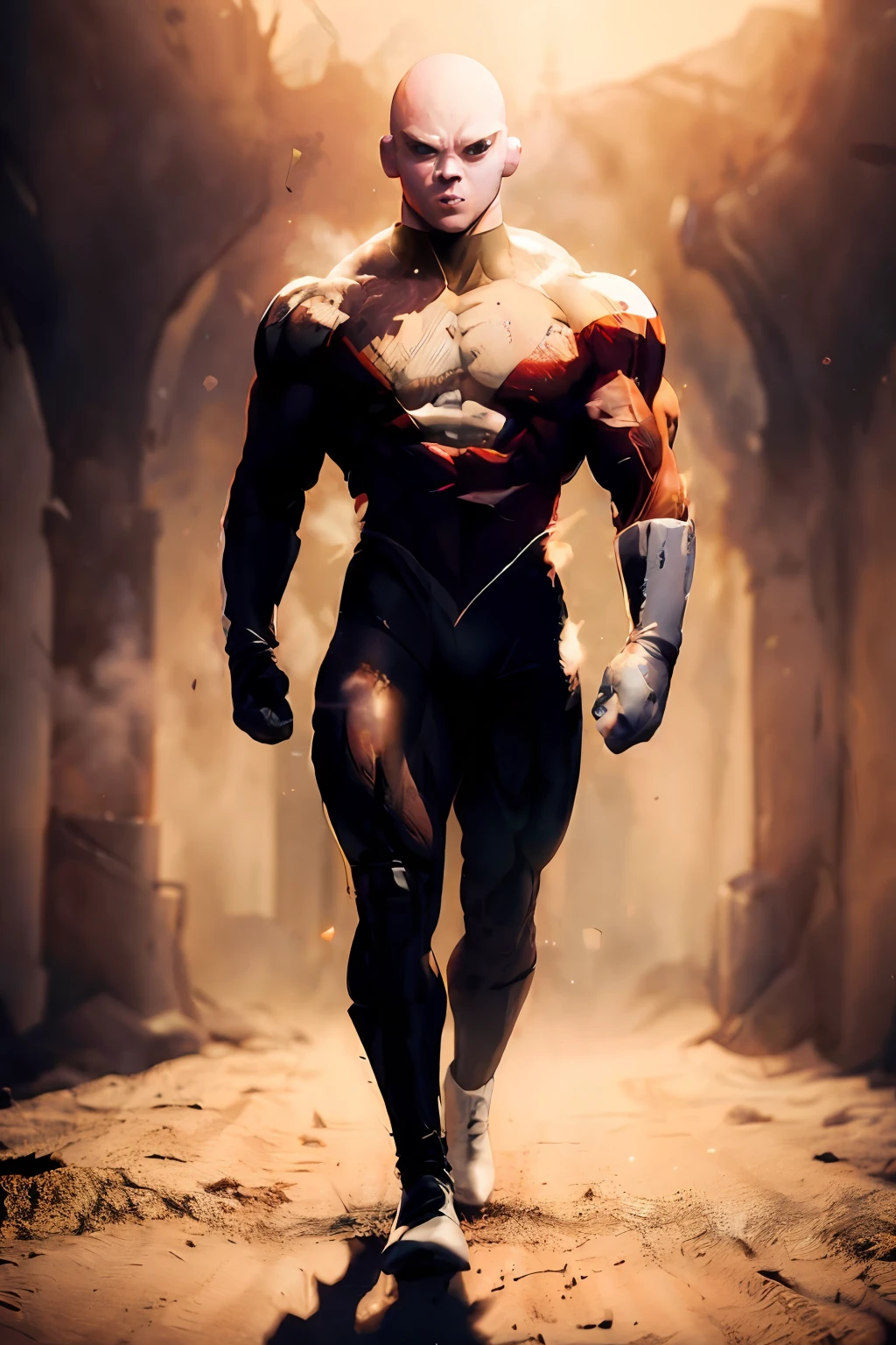 ((masterpiece, best quality)),(complex lighting),solo,1boy, full body, jiren,white gloves,bodysuit,muscular,bald light particles, dust particles, walking,