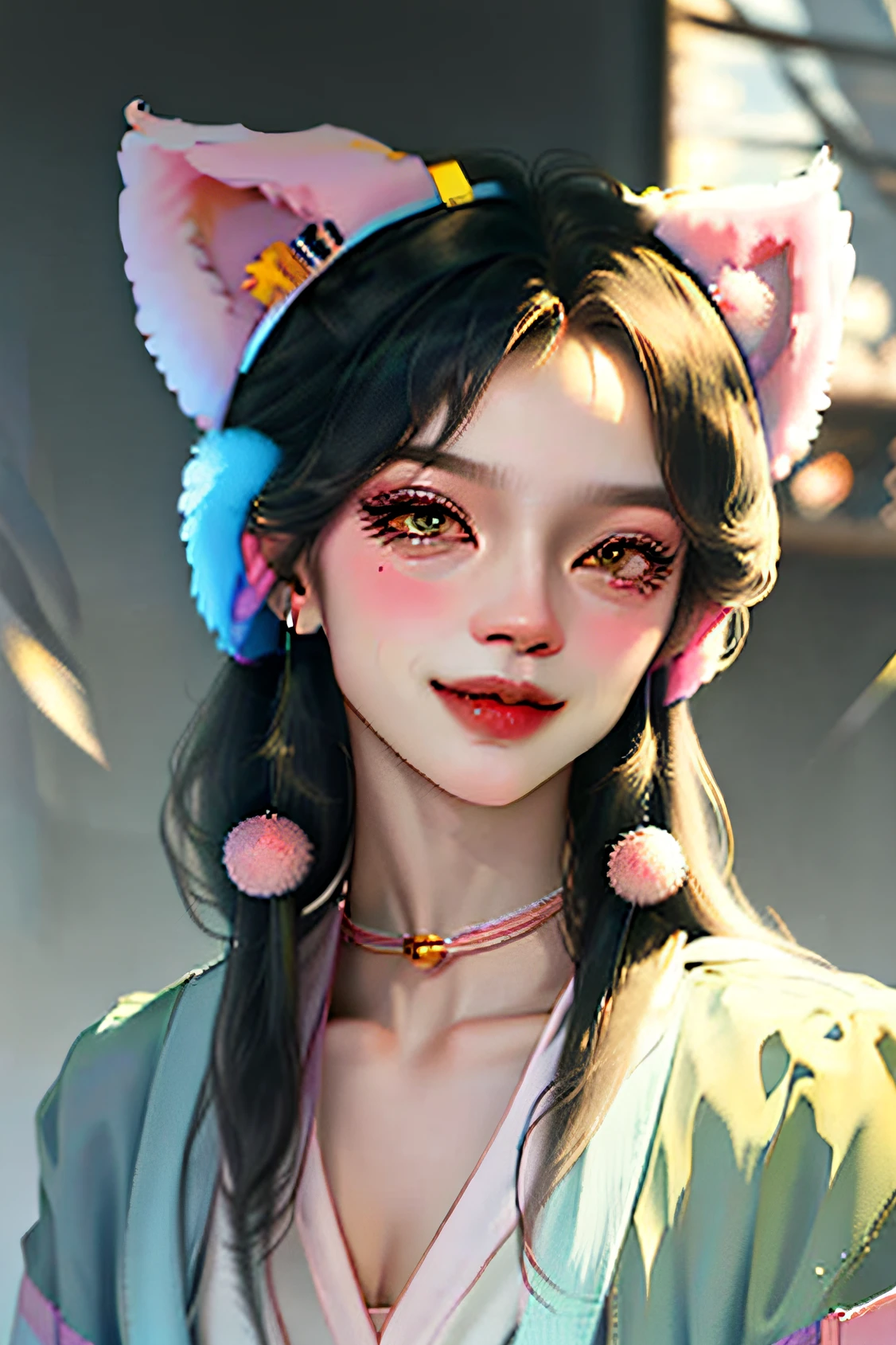 black hair, hair bobbles, wince, longeyelashes, solid circle eyes, fake animal ears, light smile, ear blush, fang, drop shadow, anaglyph, stereogram, tachi-e, atmospheric perspective, Realism, Contemporary art, Carl Larsson, 8k, super detail, ccurate, best quality