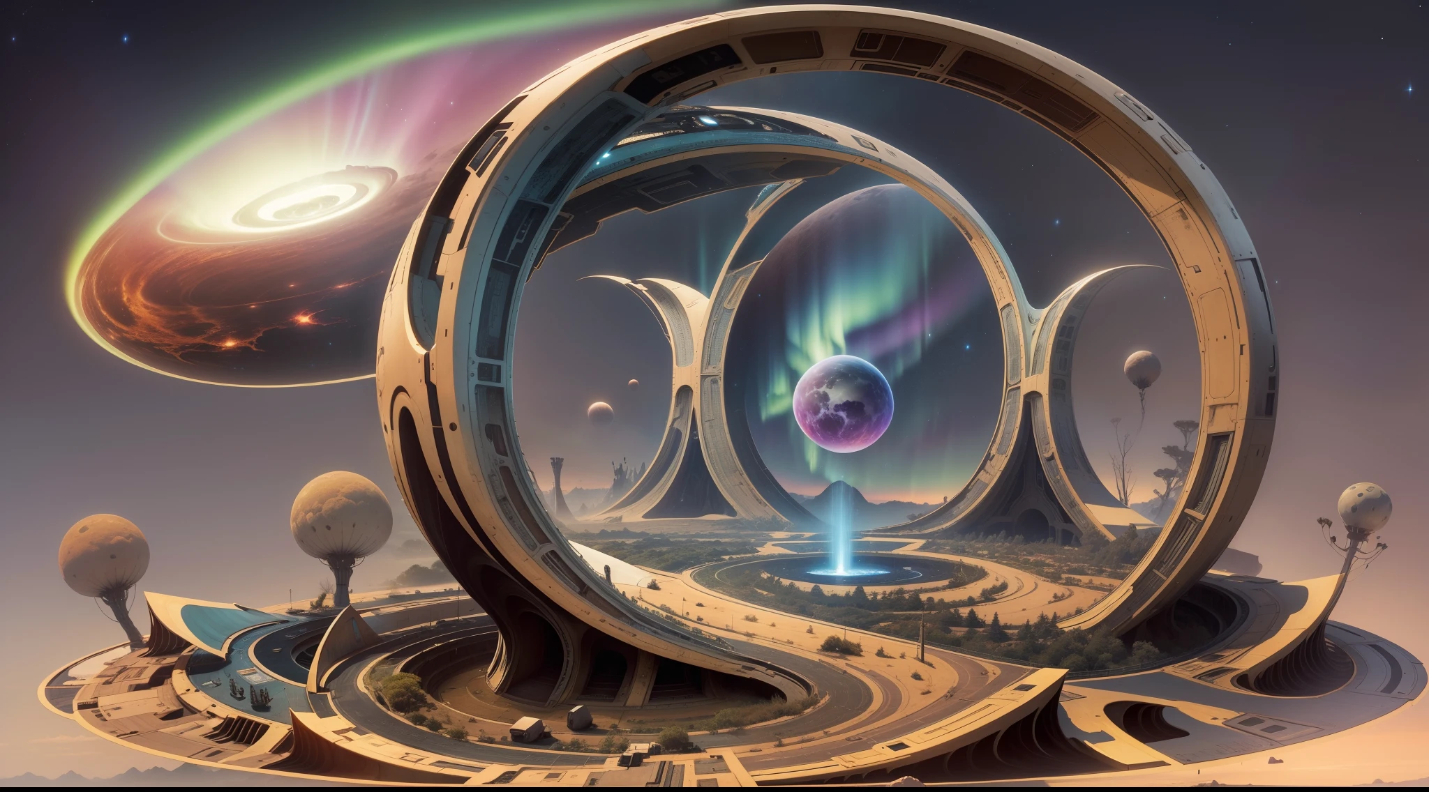 Nave espacial, alien, formas ovais, translucent metal, landing on a base of a planet in another galaxy, ambiente noturno, auroras, fractal, whisps, raios, Distant lands with alien vegetation, detalhes intrincados, Fictional art, arte de Clemilton Barbosa, premiado, obra prima, 16K