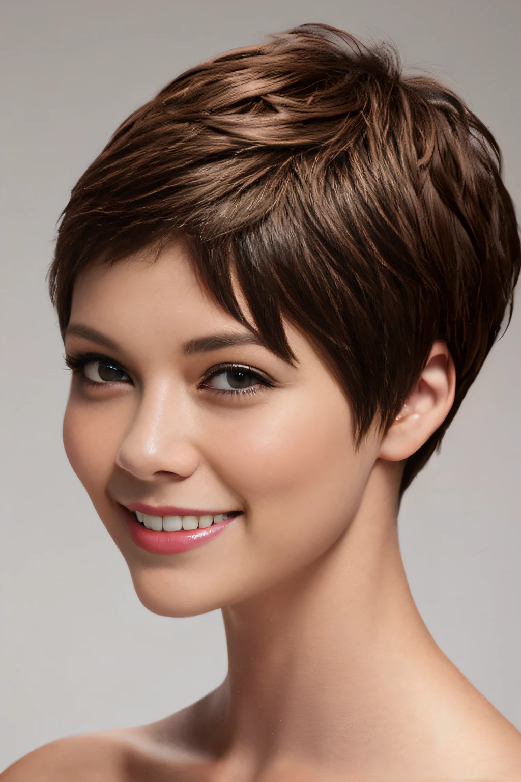 a pixie cut a smile Brown hair