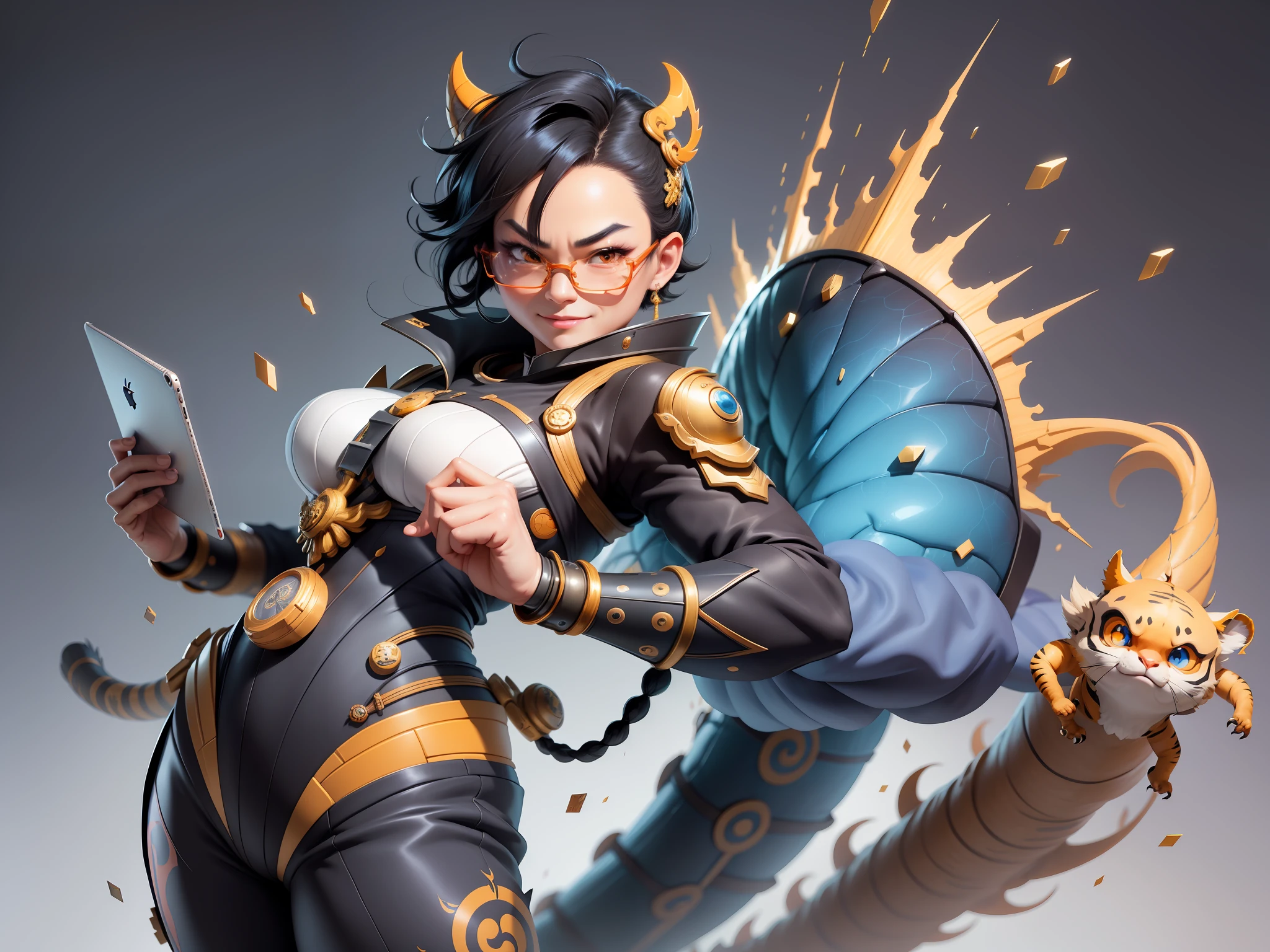 (Masterpiece), (Excellent), (Super Meticulous), (Full Body: 1.2), Super Young Man with Japanese Female Geisha, Pretty, Beautiful, Chinese Dragon, Tiger, Wind God Thor, Sexy, Bursting, Oriental Face, TV Anchor, Bust Portrait Illustration, Black Suit, Blue Tie, Slightly Chubby Face, Silver Glasses, Very Clean Face, No Beard on Chin, Black Super Short Hair, Black Eyes, Confident Smile, 3c Computer Sub-Products, iPad, iPhone, Digital Painting, 3D character design by Mark Clairedon and Pixar and Hayao Miyazaki and Akira Toriyama, the illustrations are HD illustrations in 4K resolution with highly detailed facial features and cartoon-style visuals.