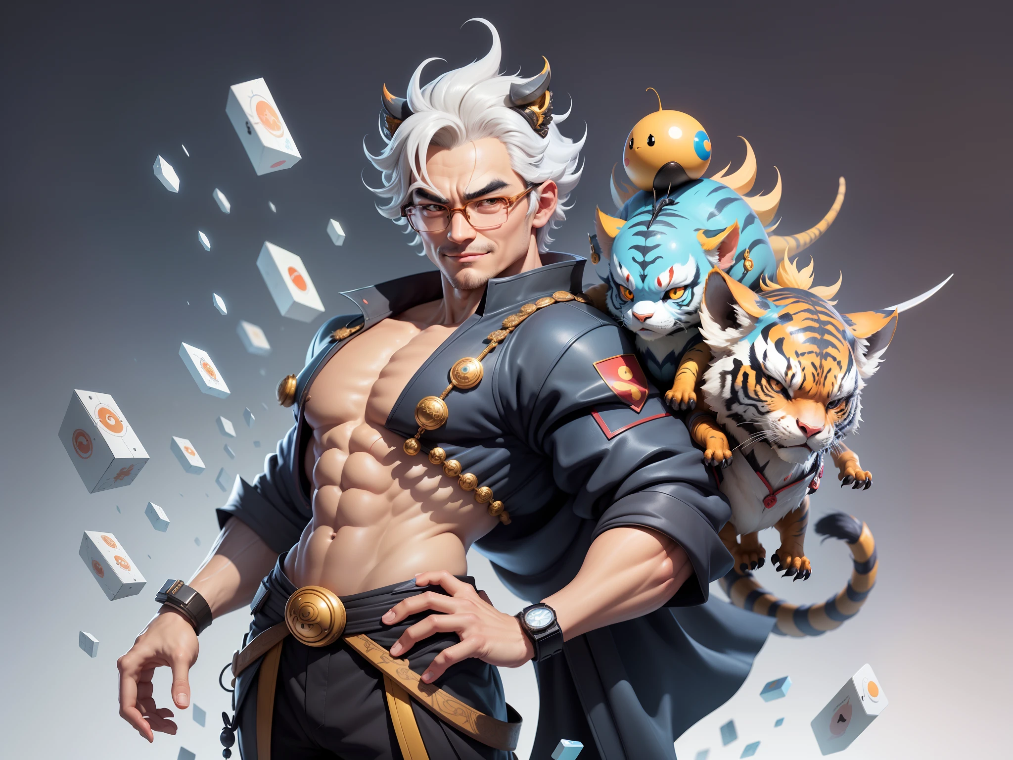 (Masterpiece), (Excellent), (Super Meticulous), (Full Body: 1.2), Super Young Man with Japanese Female Geisha, Pretty, Beautiful, Chinese Dragon, Tiger, Wind God Thor, Sexy, Bursting, Oriental Face, TV Anchor, Bust Portrait Illustration, Black Suit, Blue Tie, Slightly Chubby Face, Silver Glasses, Very Clean Face, No Beard on Chin, Black Super Short Hair, Black Eyes, Confident Smile, 3c Computer Sub-Products, iPad, iPhone, Digital Painting, 3D character design by Mark Clairedon and Pixar and Hayao Miyazaki and Akira Toriyama, the illustrations are HD illustrations in 4K resolution with highly detailed facial features and cartoon-style visuals.