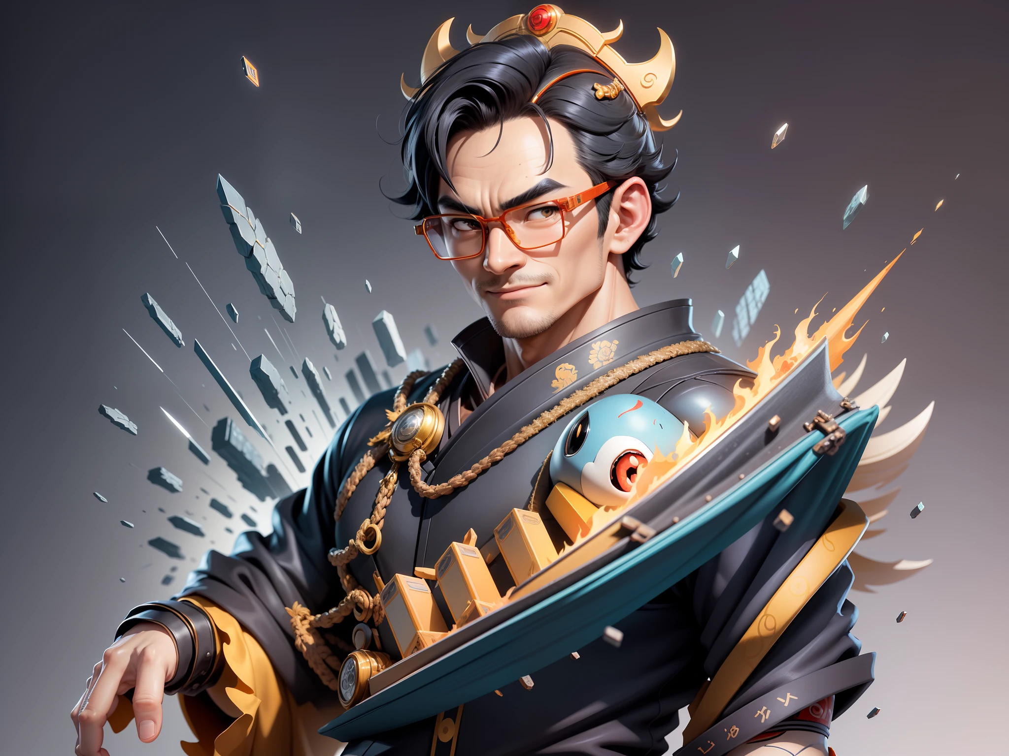 (Masterpiece), (Excellent), (Super Meticulous), (Full Body: 1.2), Super Young Man with Japanese Female Geisha, Pretty, Beautiful, Chinese Dragon, Tiger, Wind God Thor, Sexy, Bursting, Oriental Face, TV Anchor, Bust Portrait Illustration, Black Suit, Blue Tie, Slightly Chubby Face, Silver Glasses, Very Clean Face, No Beard on Chin, Black Super Short Hair, Black Eyes, Confident Smile, 3c Computer Sub-Products, iPad, iPhone, Digital Painting, 3D character design by Mark Clairedon and Pixar and Hayao Miyazaki and Akira Toriyama, the illustrations are HD illustrations in 4K resolution with highly detailed facial features and cartoon-style visuals.