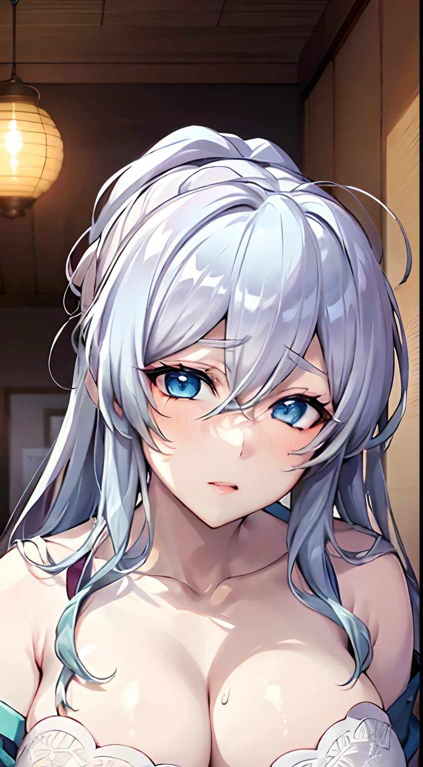 in bed, silver hair and blue eyes, white shirt and no bra, anime visual of a cute girl, screenshot from the anime film, & her expression is solemn, in the anime film, in an anime, anime visual of a young woman, she has a cute expressive face, still from anime, big breast, red cheek, lustful face