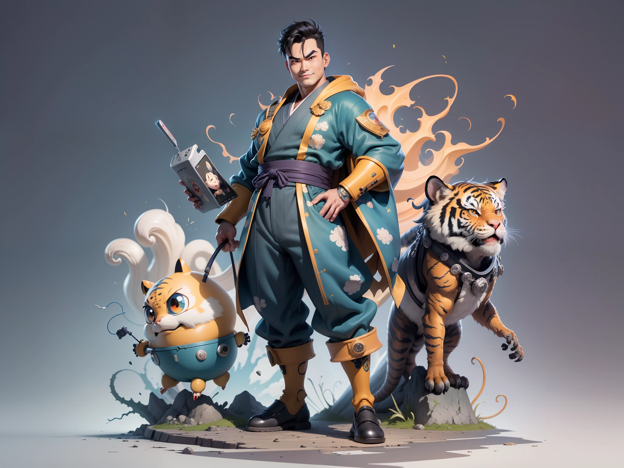 (Masterpiece), (Excellent), (Super Meticulous), (Full Body: 1.2), Super Young Man, Oriental Face, Japanese Kimono, Japanese Wind Thunder God, Dragon, Tiger, TV Anchor, Bust Portrait Illustration, Alone, Black Suit, Blue Tie, Slightly Chubby Face, Very Clean Face, No Beard, Black Super Short Hair, Black Eyes, Confident Smile, 3c Computer Sub-Products, iPad, iPhone, Digital Painting, 3D Character Design by Akira Toriyama and Mark Claireden and Pixar and Hayao Miyazaki, The illustration is a high-definition illustration in 4K resolution with very detailed facial features and cartoon-style visuals.