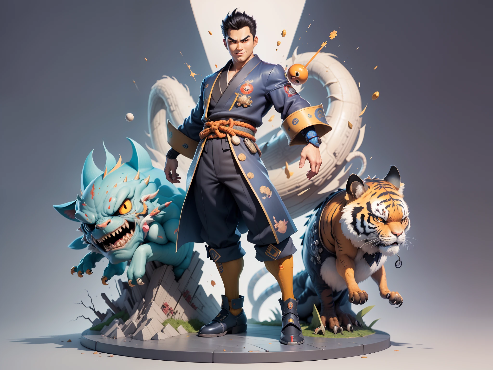 (Masterpiece), (Excellent), (Super Meticulous), (Full Body: 1.2), Super Young Man, Oriental Face, Japanese Kimono, Japanese Wind Thunder God, Dragon, Tiger, TV Anchor, Bust Portrait Illustration, Alone, Black Suit, Blue Tie, Slightly Chubby Face, Very Clean Face, No Beard, Black Super Short Hair, Black Eyes, Confident Smile, 3c Computer Sub-Products, iPad, iPhone, Digital Painting, 3D Character Design by Akira Toriyama and Mark Claireden and Pixar and Hayao Miyazaki, The illustration is a high-definition illustration in 4K resolution with very detailed facial features and cartoon-style visuals.
