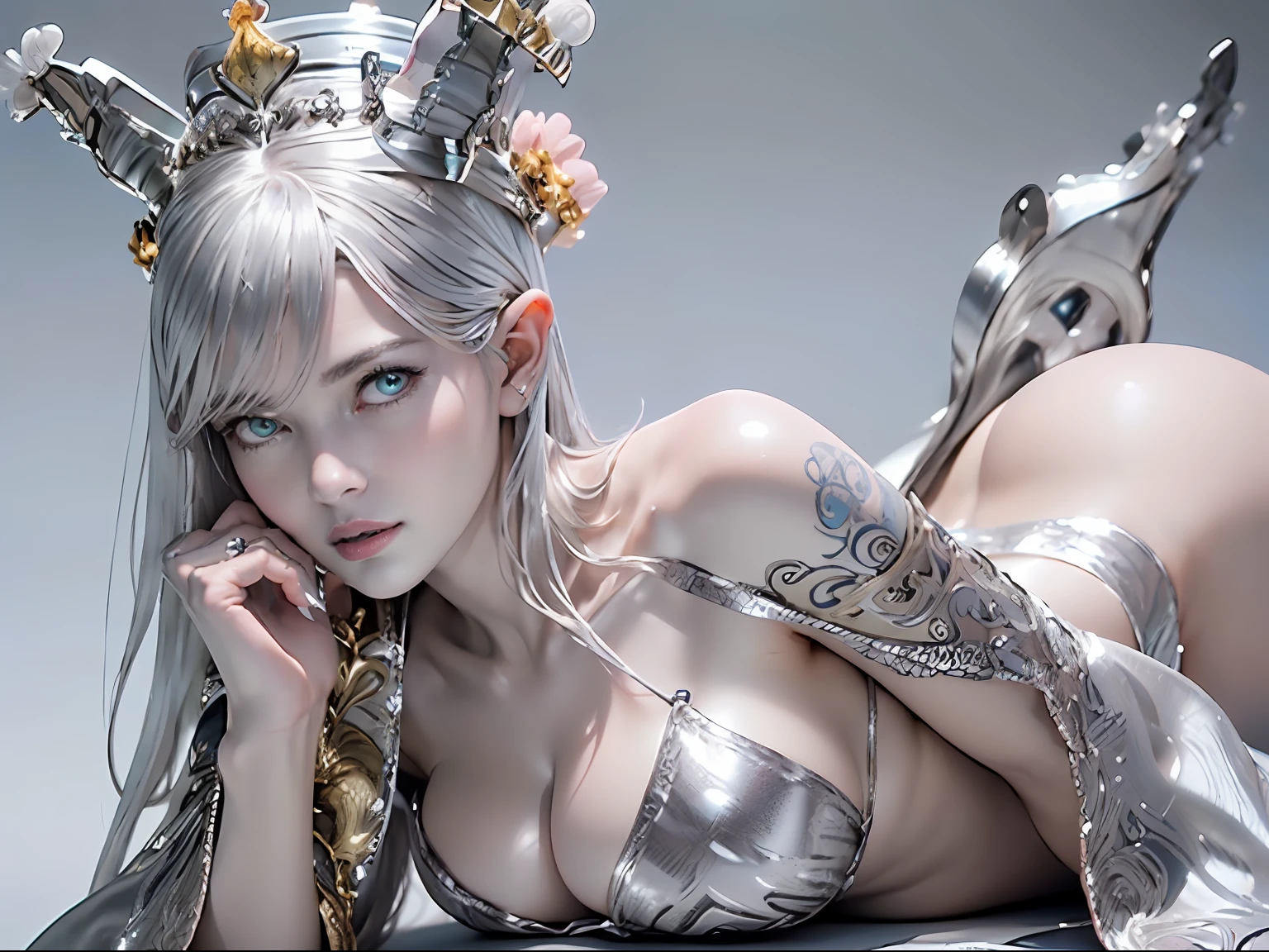 Ultra-detailed complex 3D rendering of the face, (masterpiece, top quality, octane rendering,), glamour shots full body image, very beautiful young elves, cleavage, (highly detailed skin: 1.2), (exposure: 1.1), ((blue micro bikini: 1.95)))). , 8k, (((very soft breasts)), (((conspicuous large pink areola)), beautiful Caucasian woman with white skin with full soft breasts with big buttocks, one, long braided hair, big breasts, dynamic angles, (((huge breasts: 2.4)), ultra-realistic photos, ((((((silver hair)))), futuristic urban background, facial muscles, (((((detailed and glamorous silver crown)))), In the style of Marvel Comics, ArtStation Trends, Clear Focus, Intricate Details, Very Detailed, Detailed Green Eyes, Sharp Focus, Digital Rendering, Professional, Abs, Lip Gloss, Glossy Skin, Sexy Pose, Golden Tattoo All Over Body, Silver Pattern All Over Body, Silver Lame Skin, Gold Glitter Skin, Mansuji, Buttocks, Jeweled All Over the Body, with silver scales, silver hair,