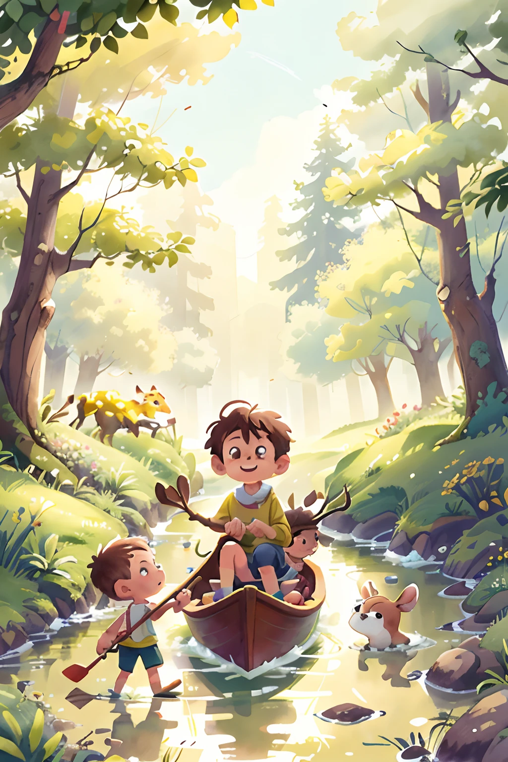 Poster design, (SFW), 2d design, pastel colors, watercolor, two rowing boys and a little girl, foggy forest, deer in distance, spring outing, happy, background is a small river interspersed in Italy street, perfect quality, clear focus, colorful, perfect face, intricate details, ultra-low viewing angle, wide angle lens, detailed happy faces