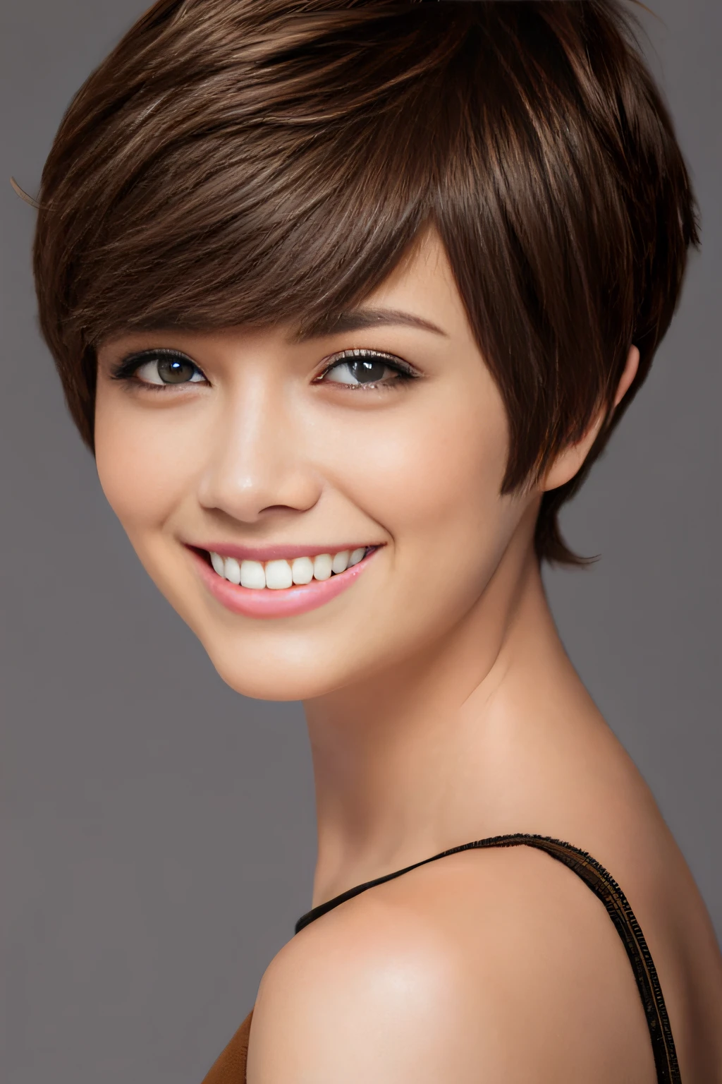a pixie cut a smile Brown hair