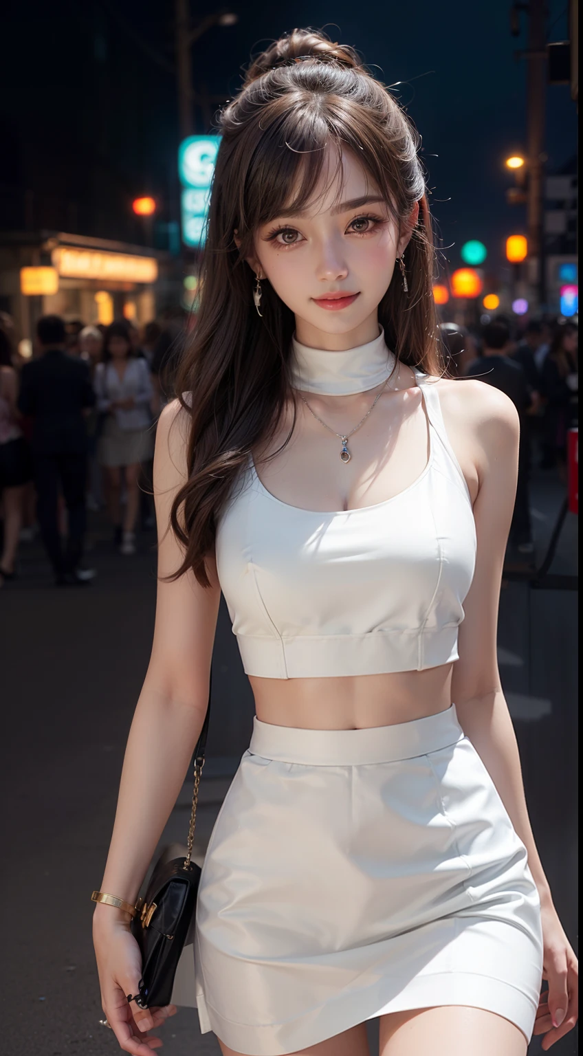 8k, masterpiece, RAW photo, best quality, photorealistic, extremely detailed CG unity 8k wallpaper, Depth of field, Cinematic Light, Lens Flare, Ray tracing, (extremely beautiful face, beautiful lips, beautiful eyes), intricate detail face, ((ultra detailed skin)) 1girl, in the dark, deep shadow, pretty korean girl, kpop idol, 1 girl, (very slim slender fit-muscled body:1.3), ((looking at viewer)),(big smile:1.3), (tight mini dress), (sleeveless) , (fashion city night, dark night, (neon sign), (blurred background), fashion street night),(without people in the background:1.3), beautiful earrings, bracelets, necklace, pantyhose, clear eyes, walking , front shot, (pale skin), (big eyes), face forward, ((upper body shot)), ((silk white color skirt:1.3)),(brown hairs),((tight fitting laced skirt)), (laced panty), (see through), (looking at viewer:1.3) open breast, very slim, long legs, medium breasts, hermes bag ,camel toe, vulva shaped:1.25