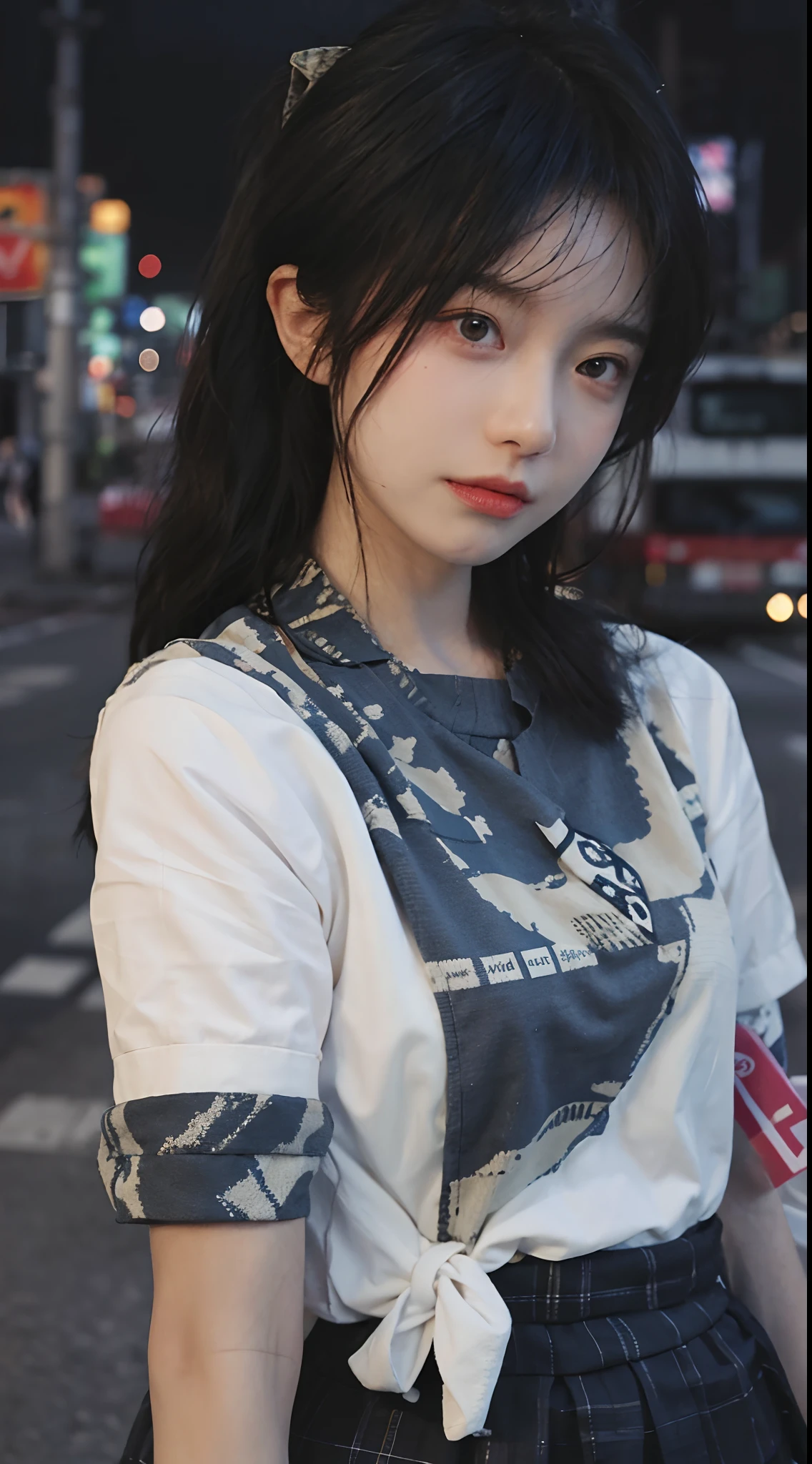 best qualtiy, 超高分辨率, (realisticlying:1.4),(natta),(looking at viewert:1.331),(whaite hair),posing on a,Tokyo Street,nightcityscape,Cyberpunk-city,the soft light,1girll,Extremely beautiful face,chest circumference,putdownhands,random hair style,Random expressions,largeeyes,Alvine,(short- sleeved。JK_shirt), JK_Style, (Dark blue jk_Skirt), (Bow jk_tie), mix4., best qualtiy