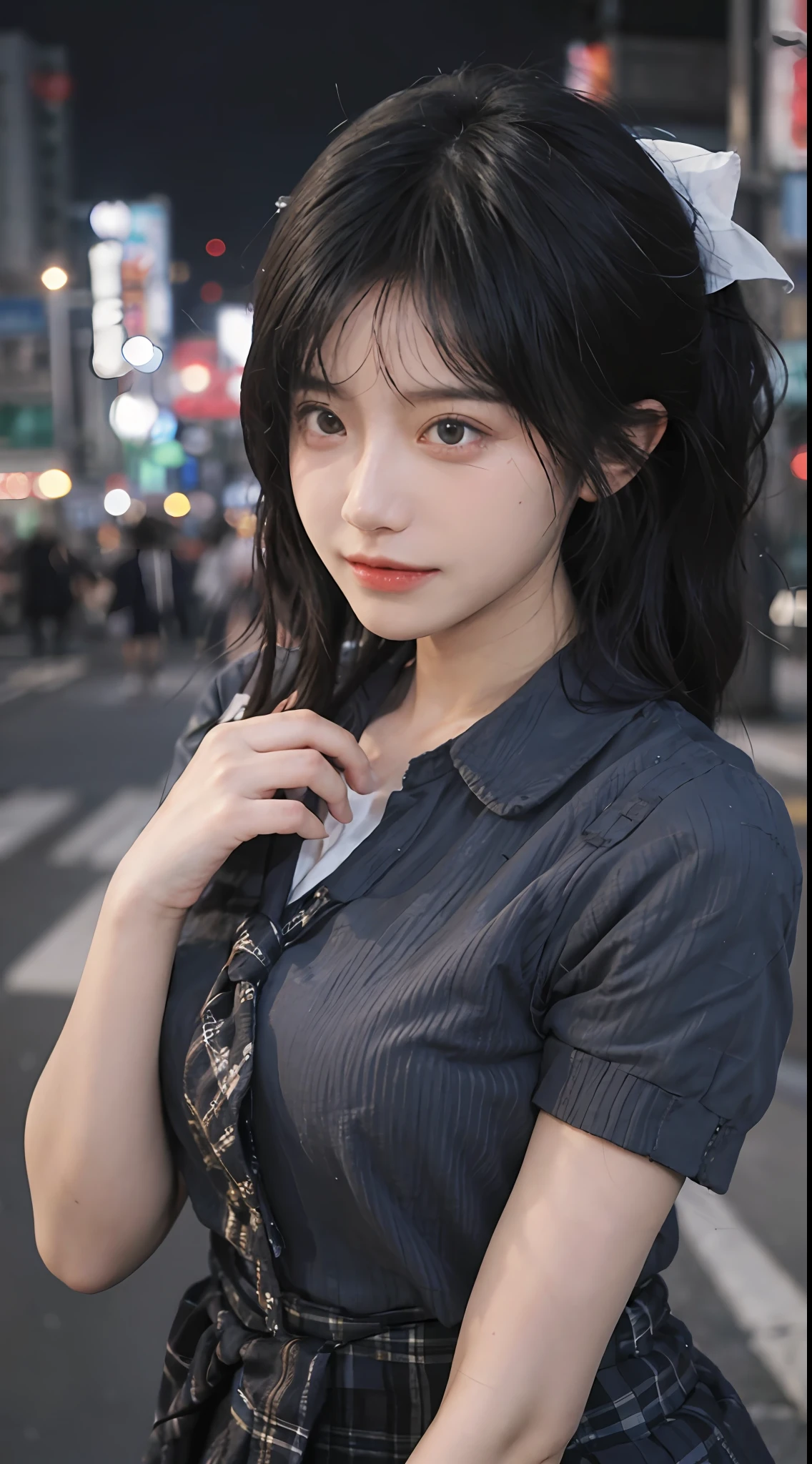 best qualtiy, 超高分辨率, (realisticlying:1.4),(natta),(looking at viewert:1.331),(whaite hair),posing on a,Tokyo Street,nightcityscape,Cyberpunk-city,the soft light,1girll,Extremely beautiful face,chest circumference,putdownhands,random hair style,Random expressions,largeeyes,Alvine,(short- sleeved。JK_shirt), JK_Style, (Dark blue jk_Skirt), (Bow jk_tie), mix4., best qualtiy
