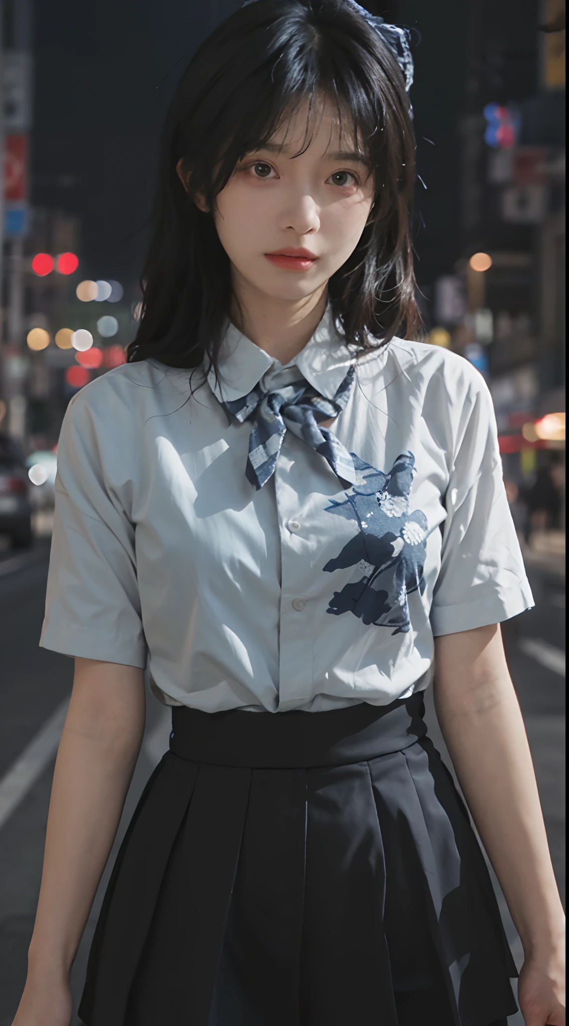 best qualtiy， 超高分辨率， （realisticlying：1.4），（natta），（looking at viewert：1.331），（whaite hair），posing on a，Tokyo Street，nightcityscape，Cyberpunk-city，the soft light，1girll，Extremely beautiful face，chest circumference，putdownhands，random hair style，Random expressions，largeeyes，Alvine，（short- sleeved。JK_shirt）， JK_Style， （Dark blue jk_Skirt）， （Bow jk_tie）， mix4.， best qualtiy