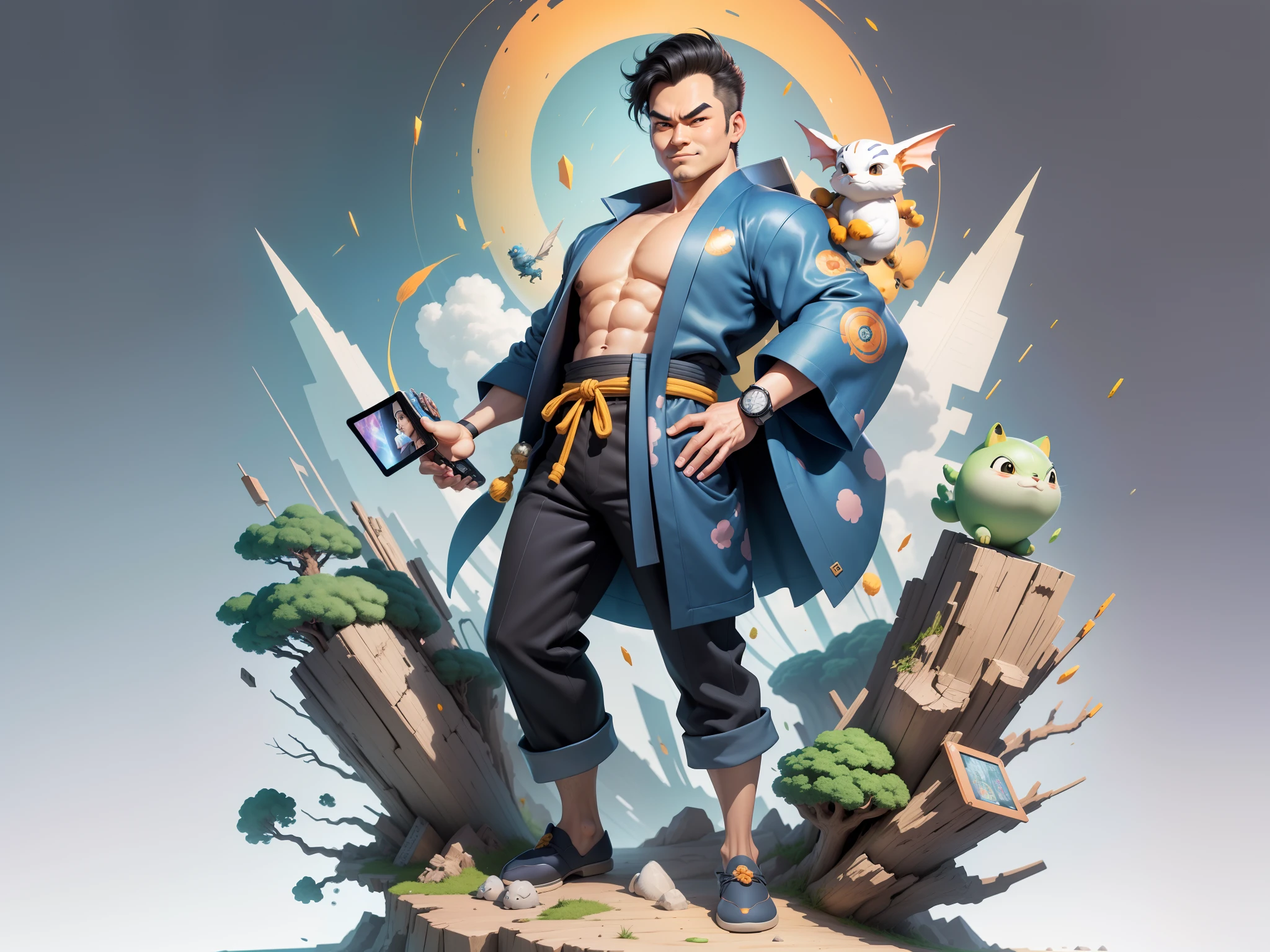 (Masterpiece), (Excellent), (Super Meticulous), (Full Body: 1.2), Super Young Man, Oriental Face, Japanese Kimono, Japanese Wind Thunder God, Dragon, Tiger, TV Anchor, Bust Portrait Illustration, Alone, Black Suit, Blue Tie, Slightly Chubby Face, Very Clean Face, No Beard, Black Super Short Hair, Black Eyes, Confident Smile, 3c Computer Sub-Products, iPad, iPhone, Digital Painting, 3D Character Design by Akira Toriyama and Mark Claireden and Pixar and Hayao Miyazaki, The illustration is a high-definition illustration in 4K resolution with very detailed facial features and cartoon-style visuals.