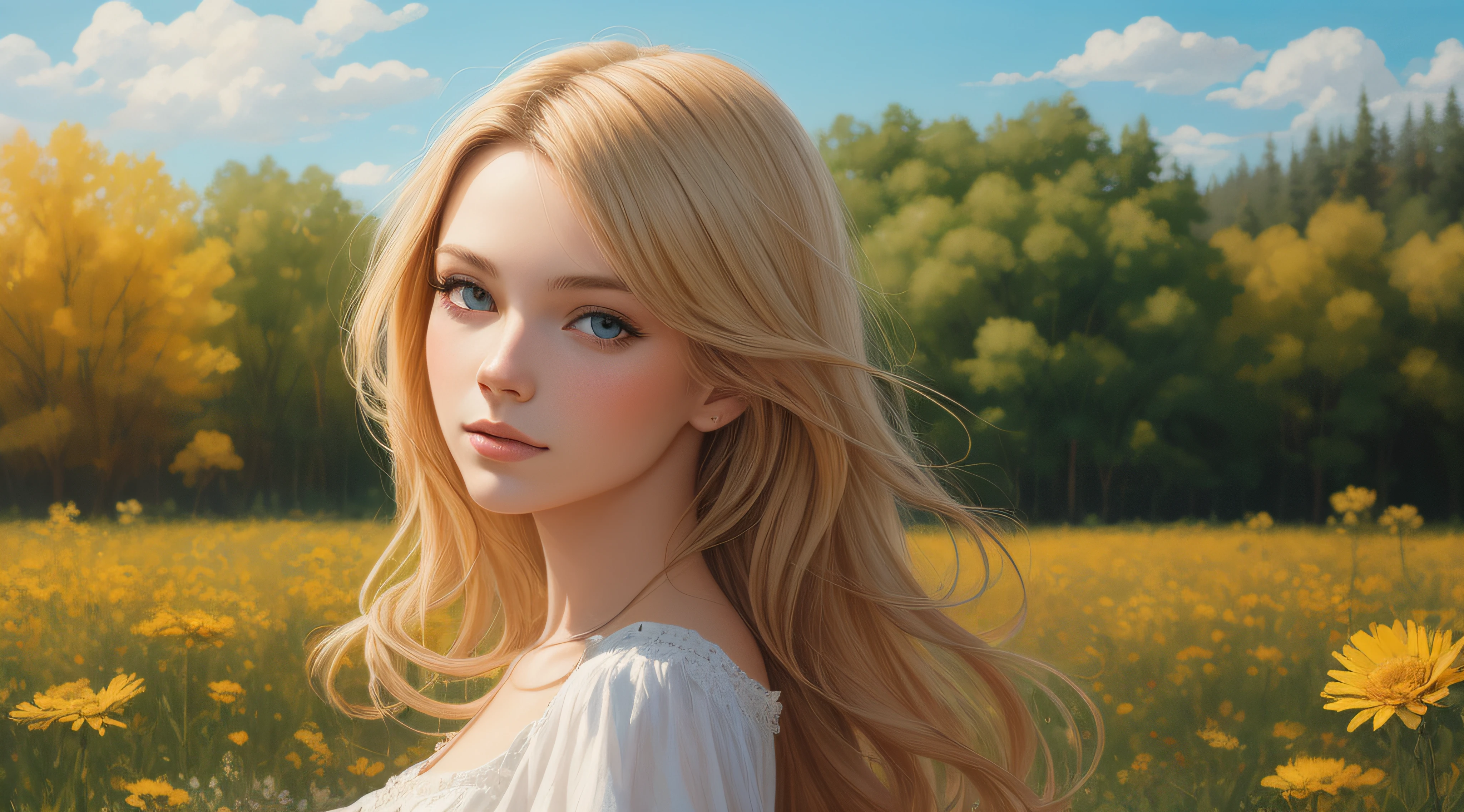 A beautiful blond young woman in a flower Meadow, sunny day, summer, hyper detailed, ultra quality, hd quality, 32k resolution, photo realistic, ultra realistic, best quality, epic, wallpaper, a masterpiece, Thick Brush Strokes, Impasto Gouache, thick layers of gouache watercolors textured on Canvas, Maximalist, impressionist