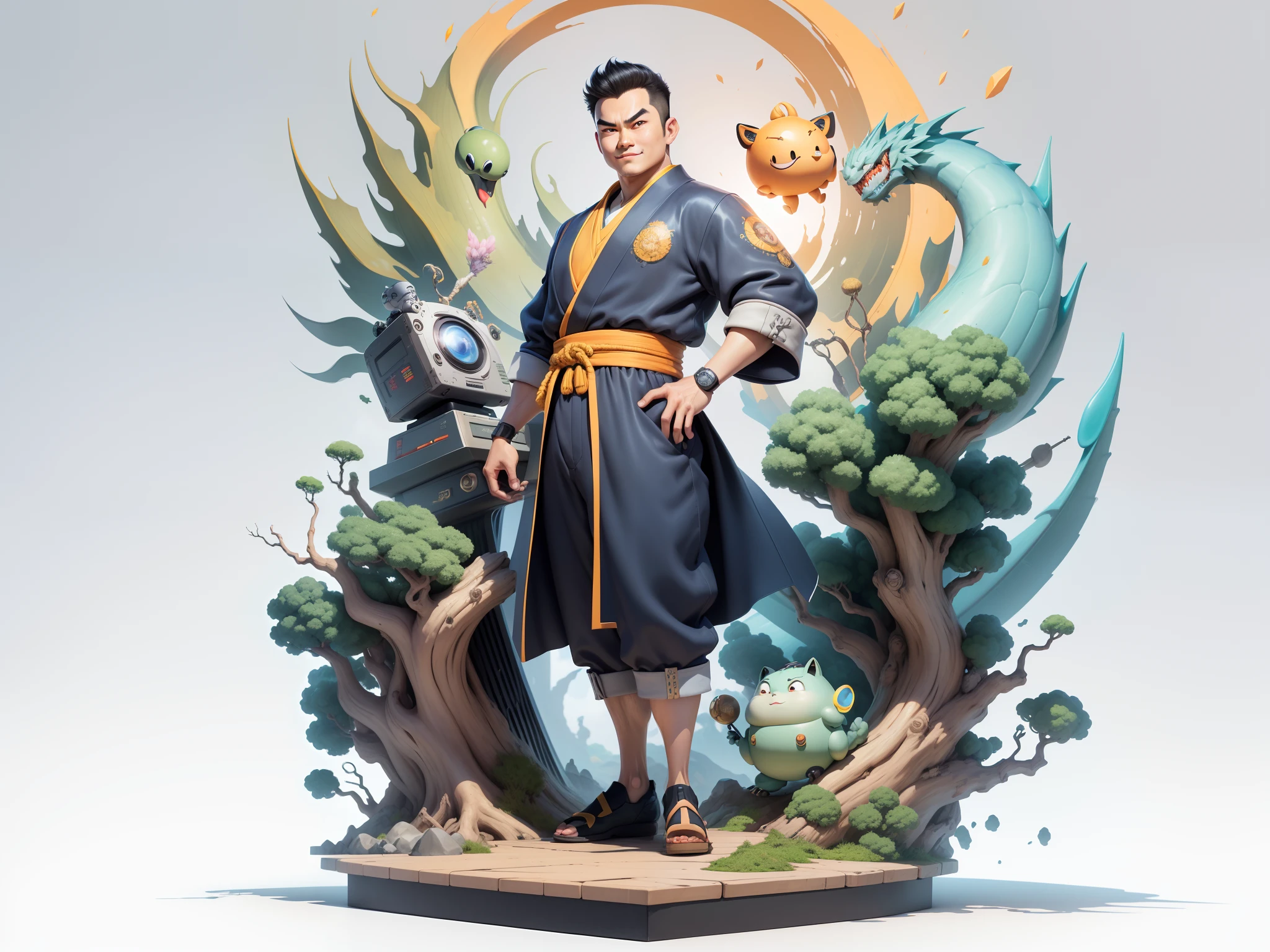 (Masterpiece), (Excellent), (Super Meticulous), (Full Body: 1.2), Super Young Man, Oriental Face, Japanese Kimono, Japanese Wind Thunder God, Dragon, Tiger, TV Anchor, Bust Portrait Illustration, Alone, Black Suit, Blue Tie, Slightly Chubby Face, Very Clean Face, No Beard, Black Super Short Hair, Black Eyes, Confident Smile, 3c Computer Sub-Products, iPad, iPhone, Digital Painting, 3D Character Design by Akira Toriyama and Mark Claireden and Pixar and Hayao Miyazaki, The illustration is a high-definition illustration in 4K resolution with very detailed facial features and cartoon-style visuals.