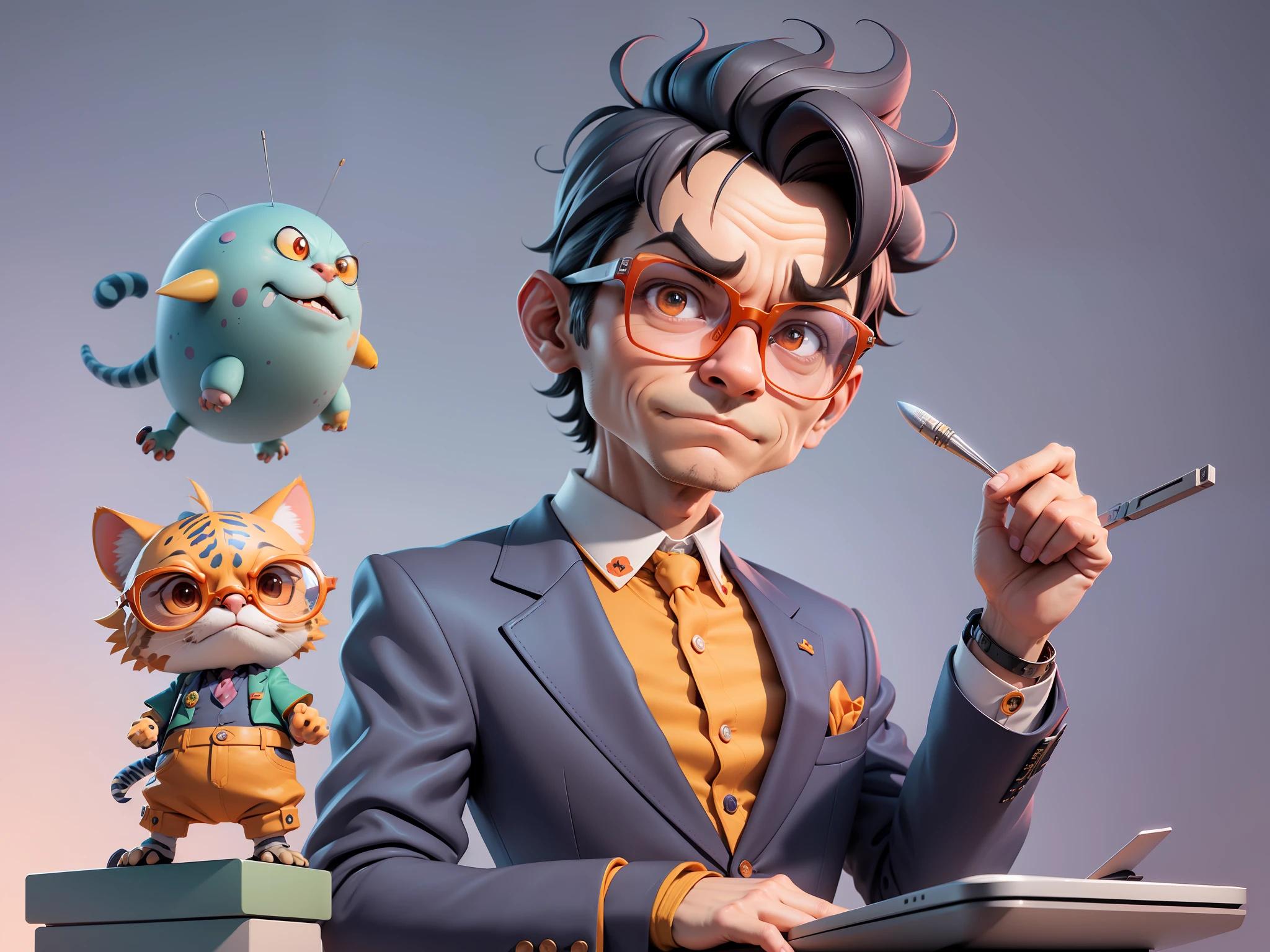 A young man in a suit, Short hair and glasses sat at his desk,holding laptop,digitial painting,tigre,3D character design by Mark Clairen and Pixar and Hayao Miyazaki and Akira Toriyama,4K HD illustration,Very detailed facial features and cartoon-style visuals。