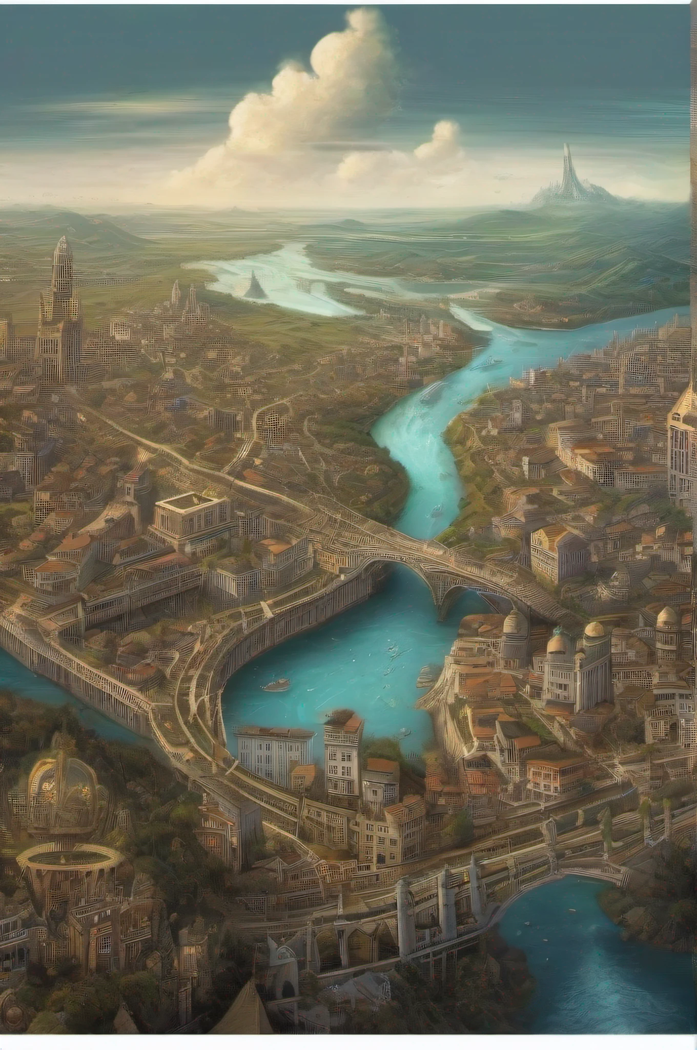 Parallel scenarios, na direita a realidade de um mundo em caos, On the left a scenario of utopia, organized and prosperous, detalhes intrincados