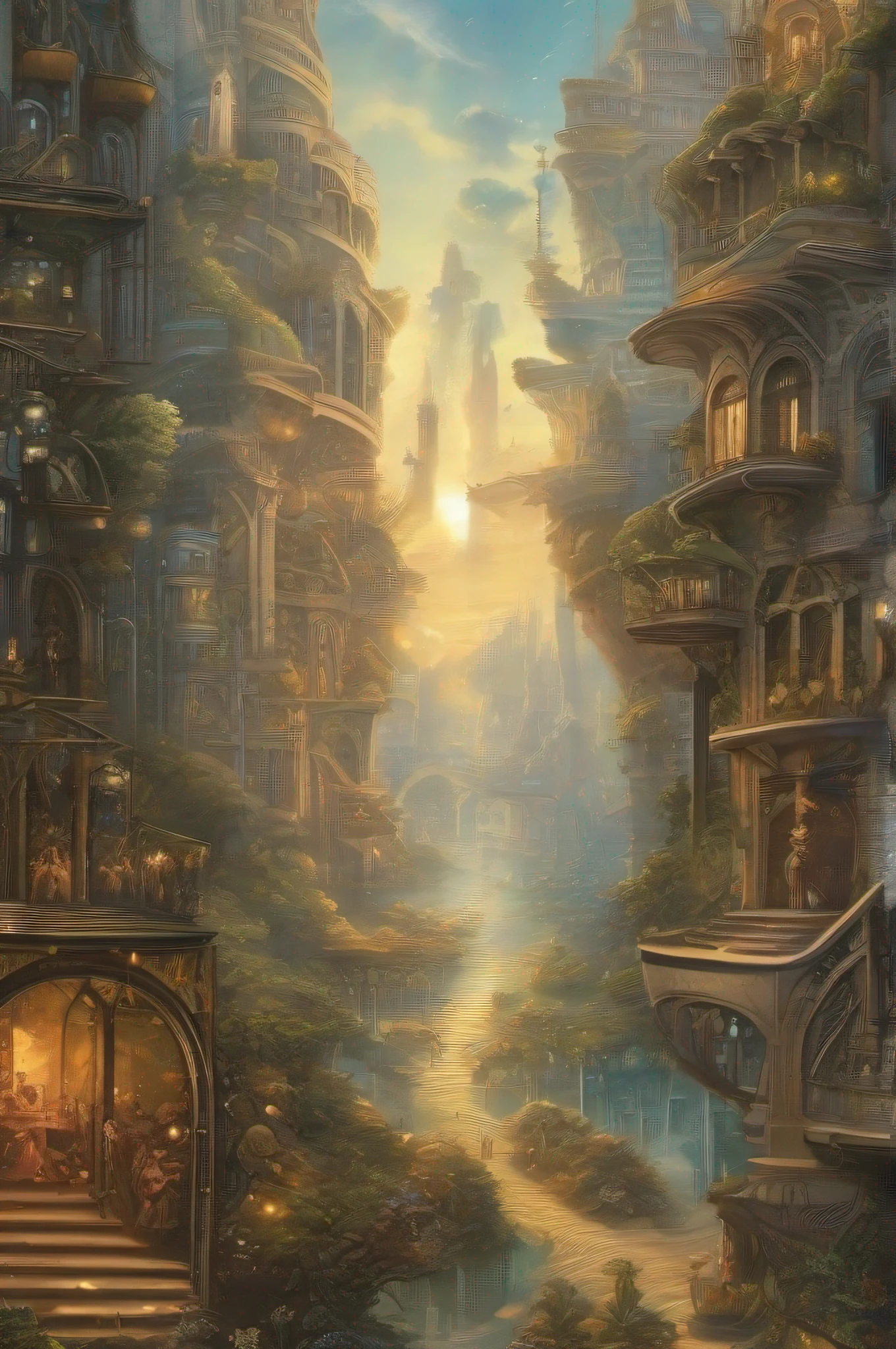 Parallel scenarios, na direita a realidade de um mundo em caos, On the left a scenario of utopia, organized and prosperous, detalhes intrincados