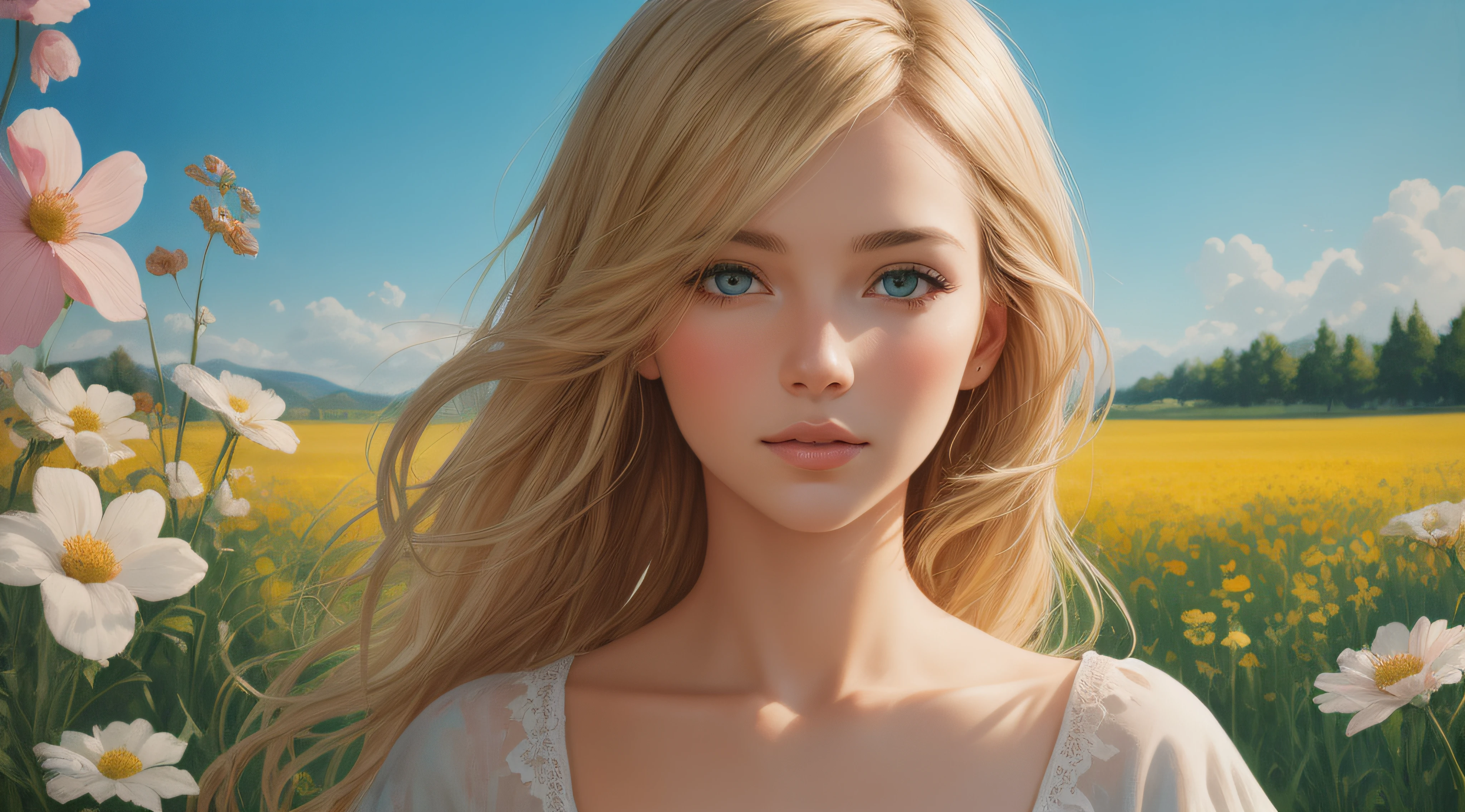 A beautiful blond young woman in a flower Meadow, sunny day, summer, hyper detailed, ultra quality, hd quality, 32k resolution, photo realistic, ultra realistic, best quality, epic, wallpaper, a masterpiece, Thick Brush Strokes, Impasto Gouache, thick layers of gouache watercolors textured on Canvas, Maximalist, impressionist