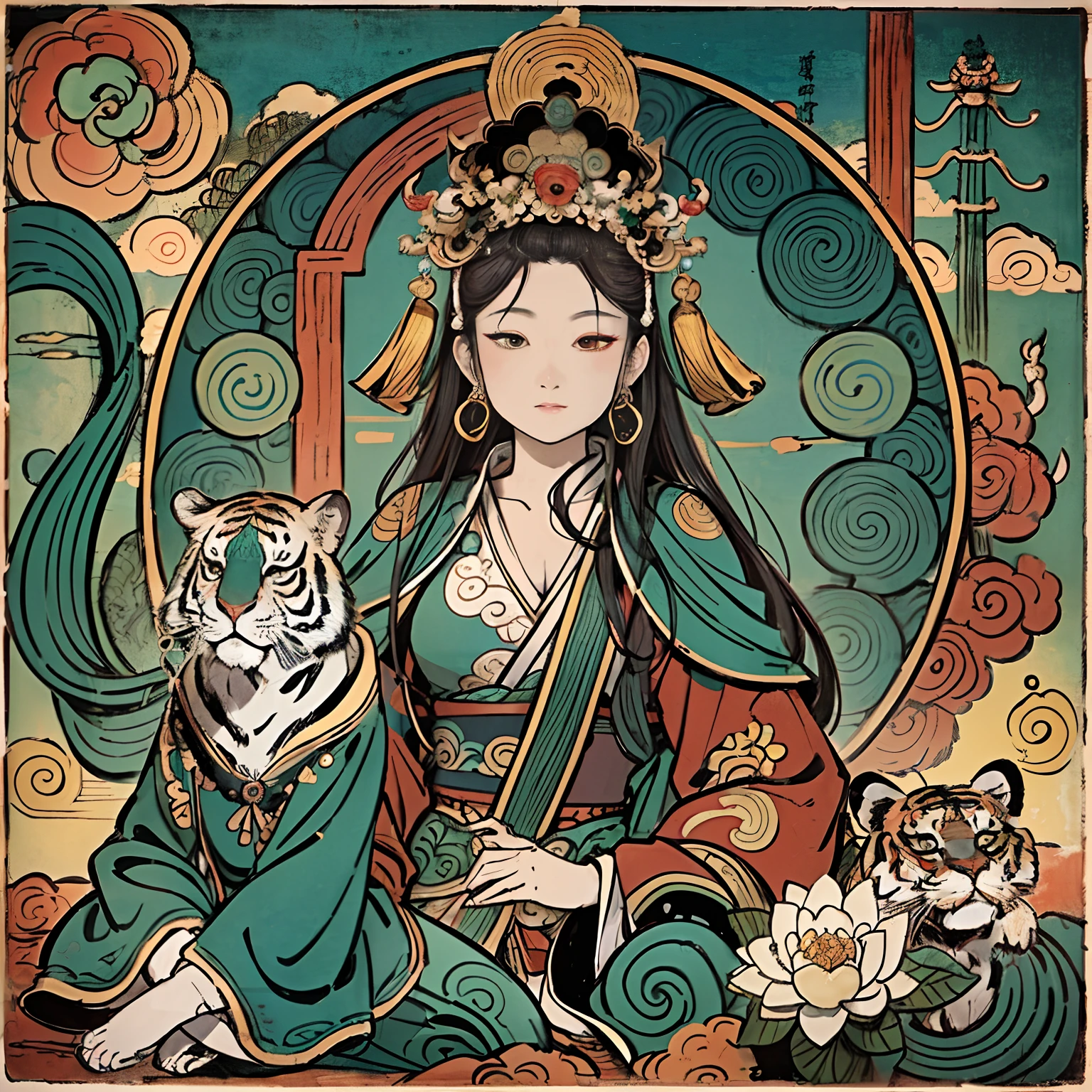 an ancient Chinese goddess, guanyin of the southern seas, Guanyin, Inspired by India, Avalokiteshvara rides a tiger,,Serene expression,shui mo hua,Buddha,Buddhist,Lotus,Chinese painting style,Thangka style