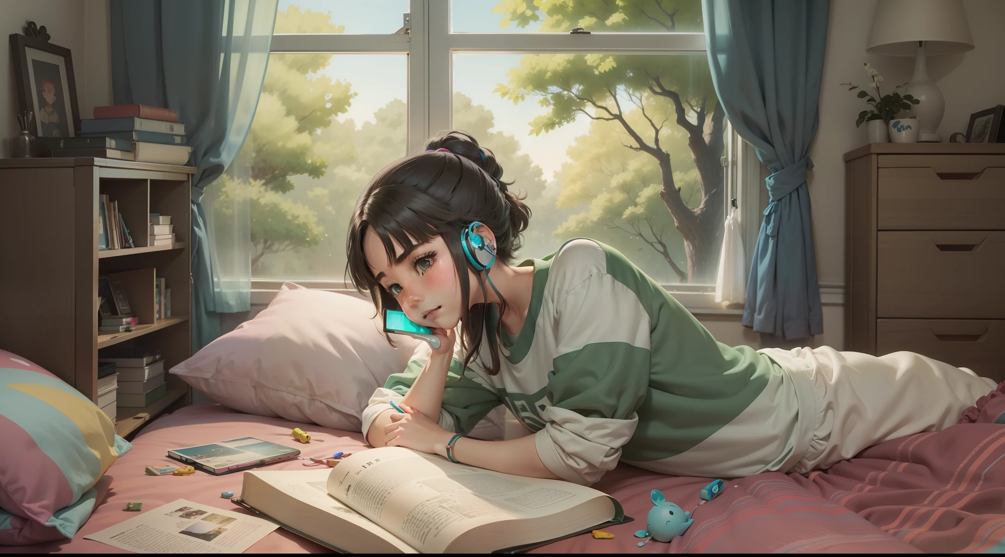  adolescente estudando com fones de ouvido, Quarto adolescente aconchegante, mesa, cama, muitos livros, pinturas, vista da janela da floresta, mar, felicidade, full color, multicolorido, artificial, o mais alto detalhe, super qualidade, pequenos detalhes, destaques, luzes neon, obra-prima, estudio ghibli estilo.
