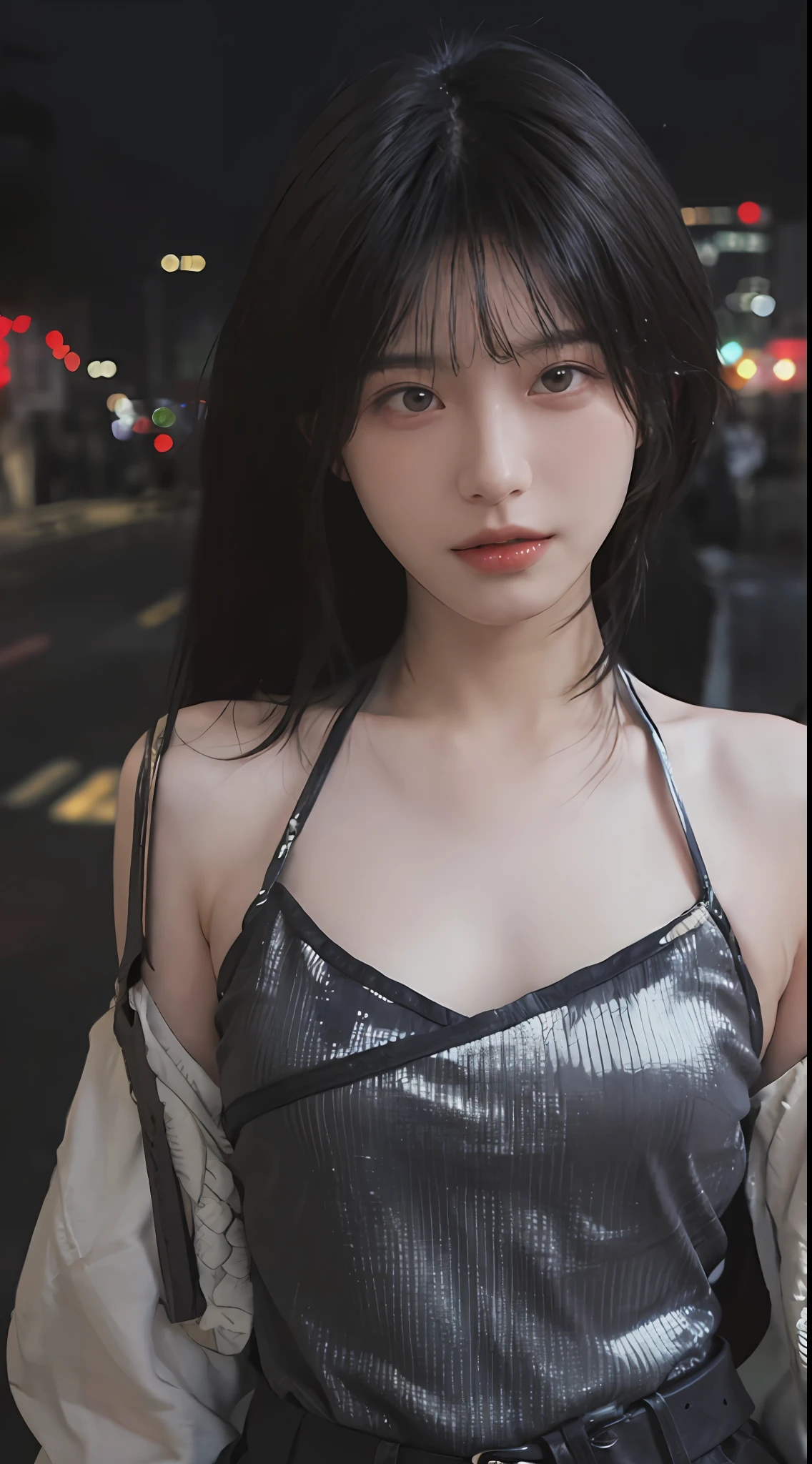best qualtiy, 超高分辨率, (realisticlying:1.4),2 girls ,Focus:1.2, perfect figure beautiful woman:1.4 , (Streets at night:1.3), Highly detailed facial and skin texture, A detailed eye, 二重まぶた,Red lips,eye shadows,Whiten skin,(Air bangs:1.3),,(Thin strap top:1.4)