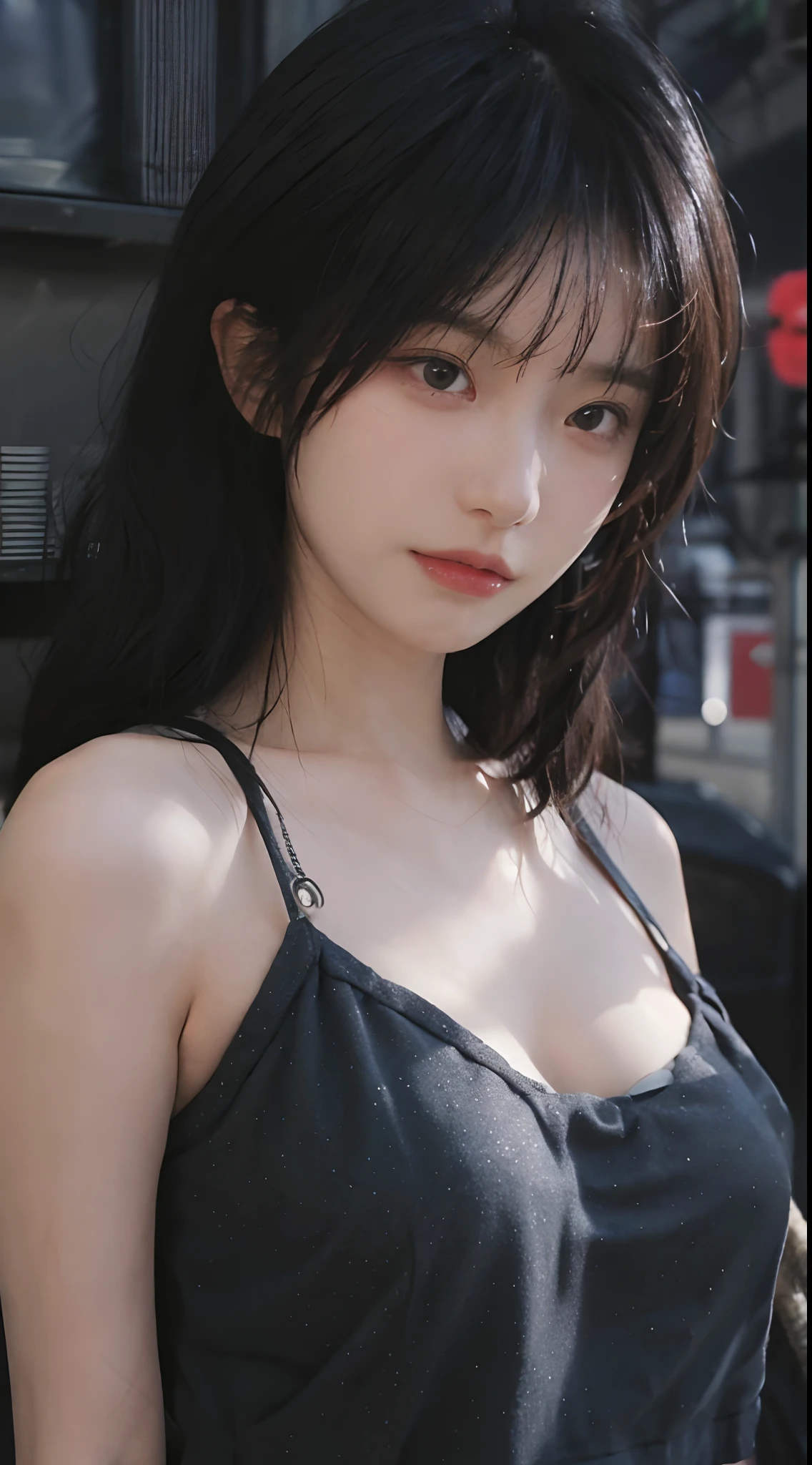 best qualtiy, 超高分辨率, (realisticlying:1.4),2 girls ,Focus:1.2, perfect figure beautiful woman:1.4 , (Streets at night:1.3), Highly detailed facial and skin texture, A detailed eye, 二重まぶた,Red lips,eye shadows,Whiten skin,(Air bangs:1.3),,(Thin strap top:1.4)