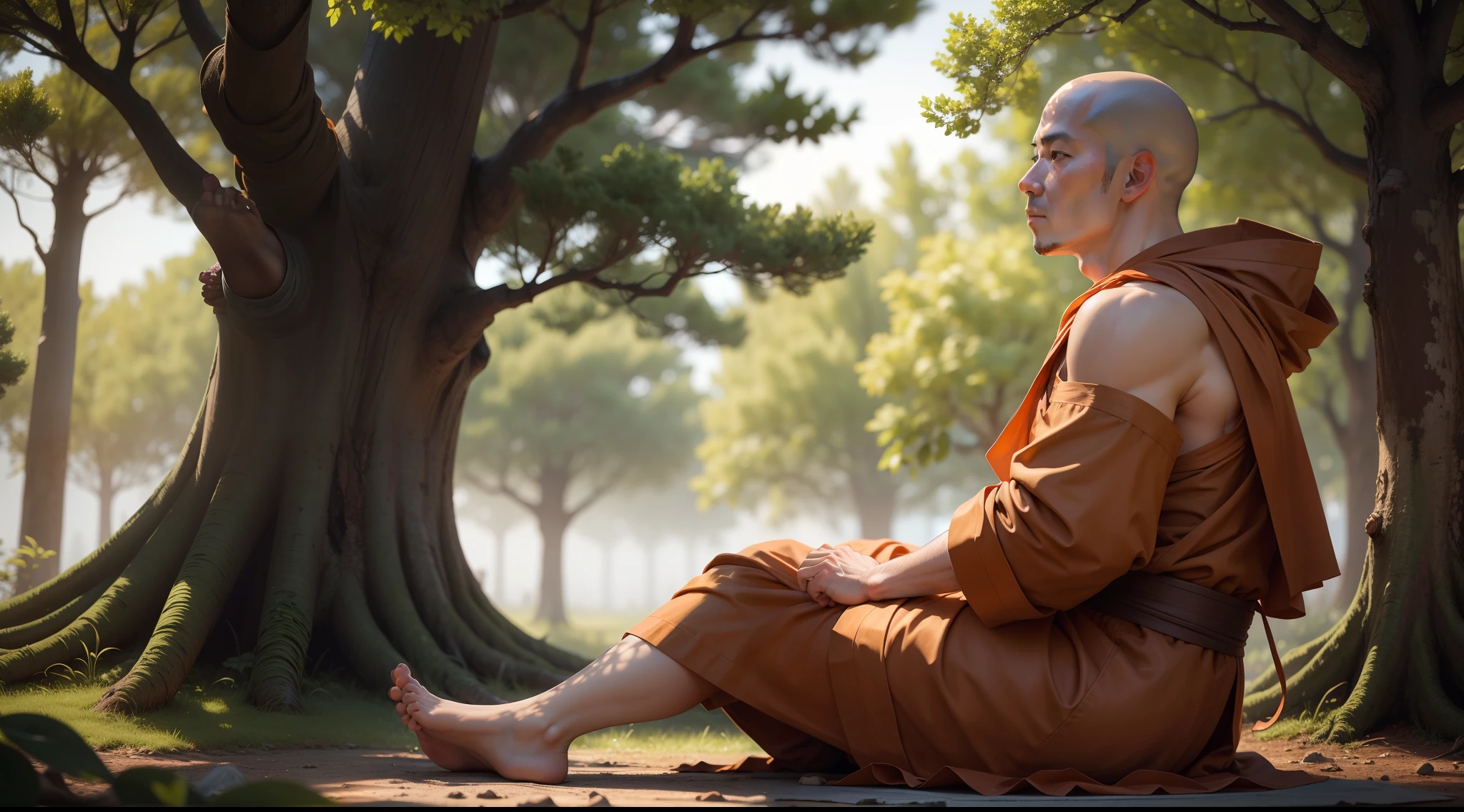 A monk sitting at the foot of the tree looking up ultra-realistic 8k