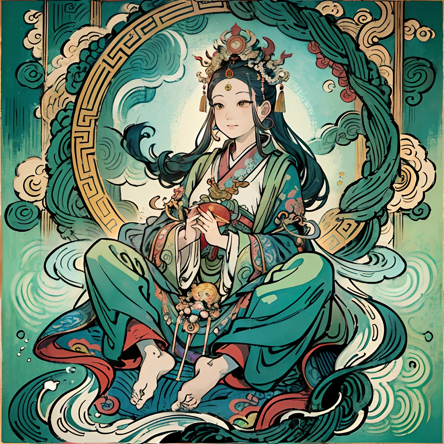 an ancient Chinese goddess, guanyin of the southern seas, Guanyin, Inspired by India, Avalokiteshvara rides a tiger,,Serene expression,shui mo hua,Buddha,Buddhist,Lotus,Chinese painting style,Thangka style