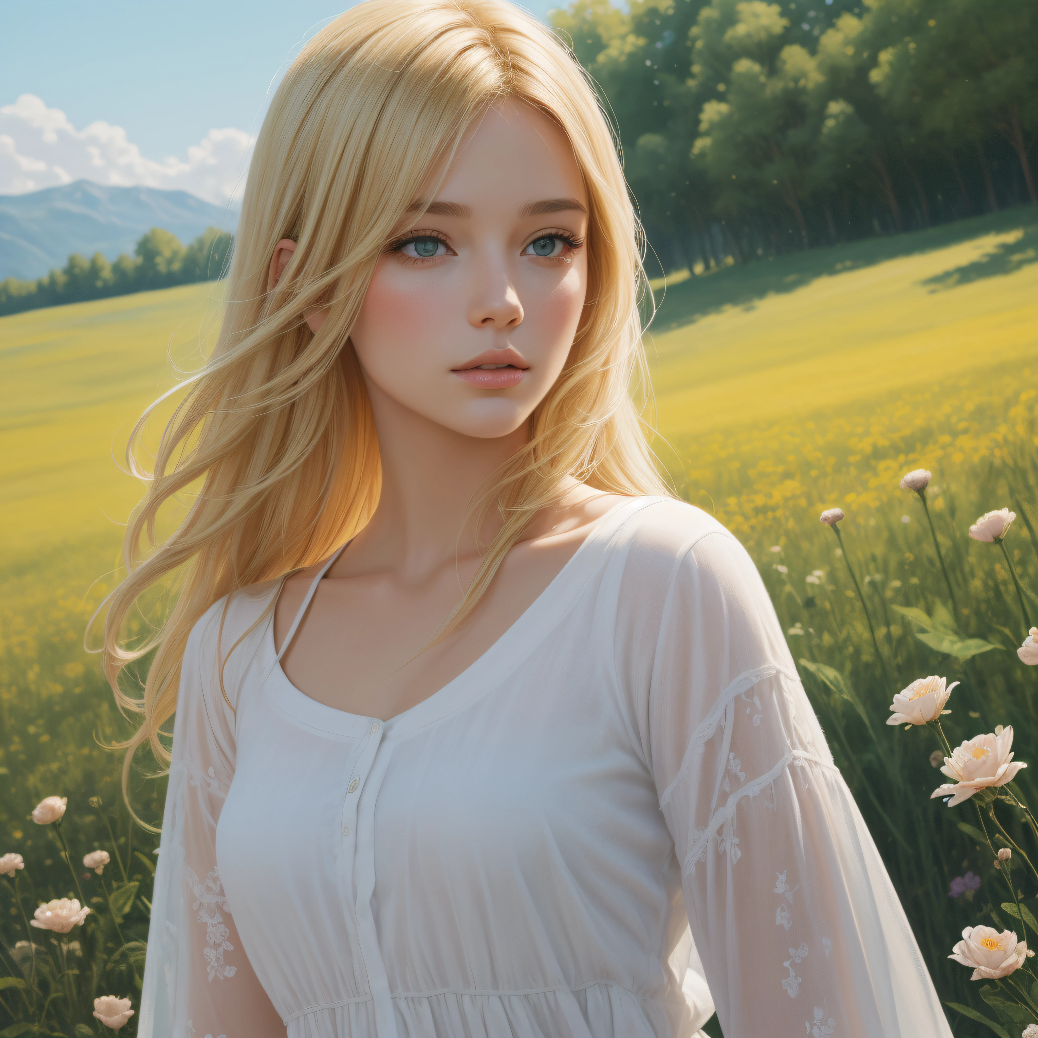 A beautiful blond young woman in a flower Meadow, sunny day, summer, hyper detailed, ultra quality, hd quality, 32k resolution, photo realistic, ultra realistic, best quality, epic, wallpaper, a masterpiece, Thick Brush Strokes, Impasto Gouache, thick layers of gouache watercolors textured on Canvas, Maximalist, impressionist