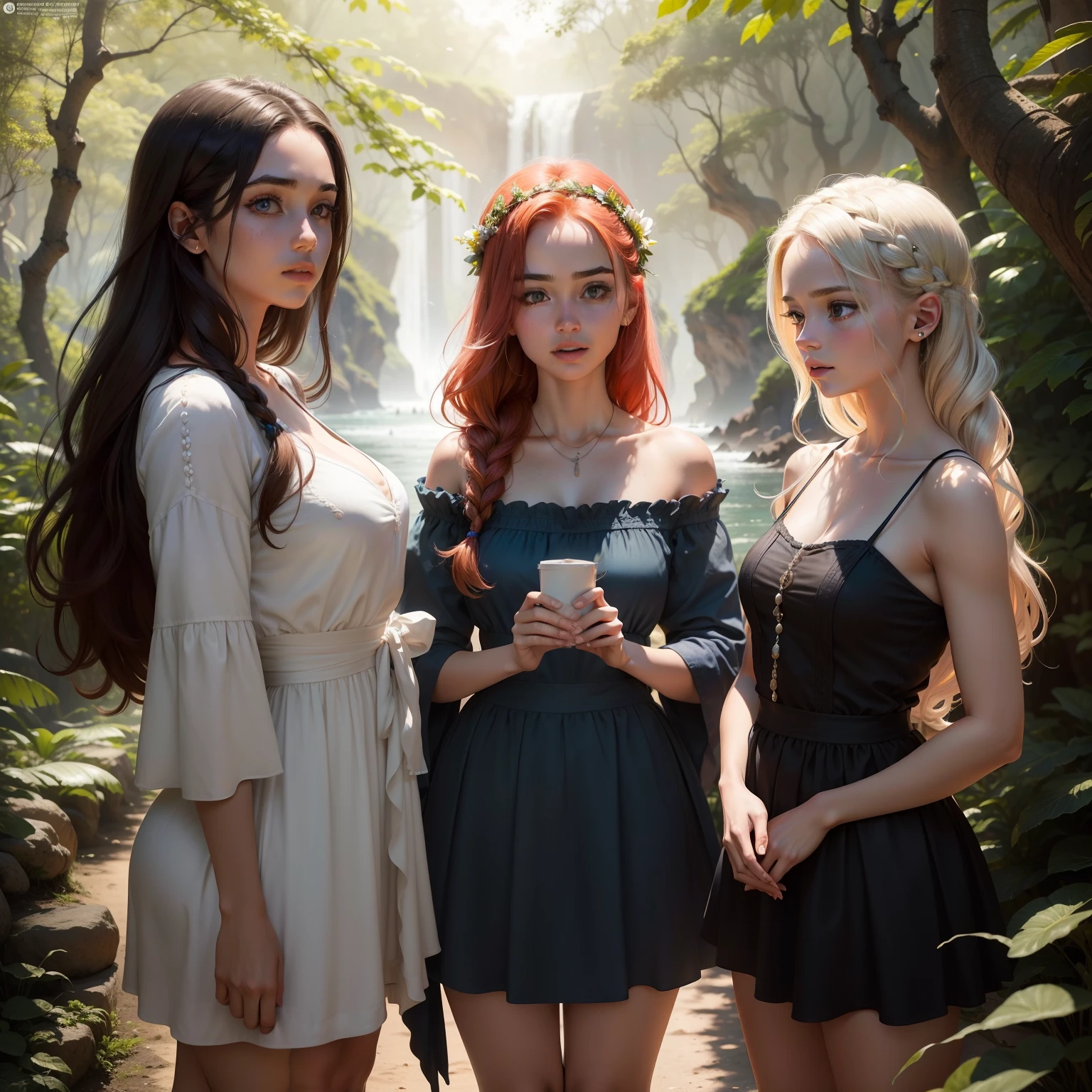 Sorry for the previous confusion. Here is the description of a scene with Annabeth, Rachel e Calipso juntas:
The three girls were gathered in a magical grove, surrounded by tall trees and colorful flowers. Annabeth, with her blonde hair tied up in a cleverly elaborate braid, tinha um olhar perspicaz e determinado em seus olhos cinzentos. Ela estava vestindo uma camiseta laranja do acampamento Meio-Sangue, showing his connection to the world of demigods, e segurando um mapa antigo, indicando sua habilidade como estrategista.
Ao seu lado, estava Rachel, A young redhead with an artistic and adventurous expression in her eyes. Her hair fell into loose curls and she wore colorful, stripped down clothes, reflecting your free and creative spirit. Rachel segurava um pincel e um bloco de papel, prontos para capturar a beleza da natureza ao seu redor em uma obra de arte.
E, por fim, ao lado oposto, estava Calipso, a ninfa do mar, com seus cabelos escuros e olhos que brilhavam como o oceano. She wore a flowing navy blue dress, adorned with shells and pearls, symbolizing your connection to the sea. Calipso emanava uma aura de serenidade e melancolia, result of her fate of being trapped on a magical island.
While the three girls were together, a atmosfera ao redor delas estava repleta de uma energia especial. Annabeth represented courage and strategy, Rachel brought a passion for art and was adventurous, and Calypso conveyed the serenity and strength of water. They formed a unique team, united by their determination and skills, prontas para enfrentar qualquer desafio que a vida lhes apresentasse. Enquanto estavam no bosque, Their combined presences created a harmony among the intellect, a criatividade e o poder, filling the air with a sense of mystery and possibilities.