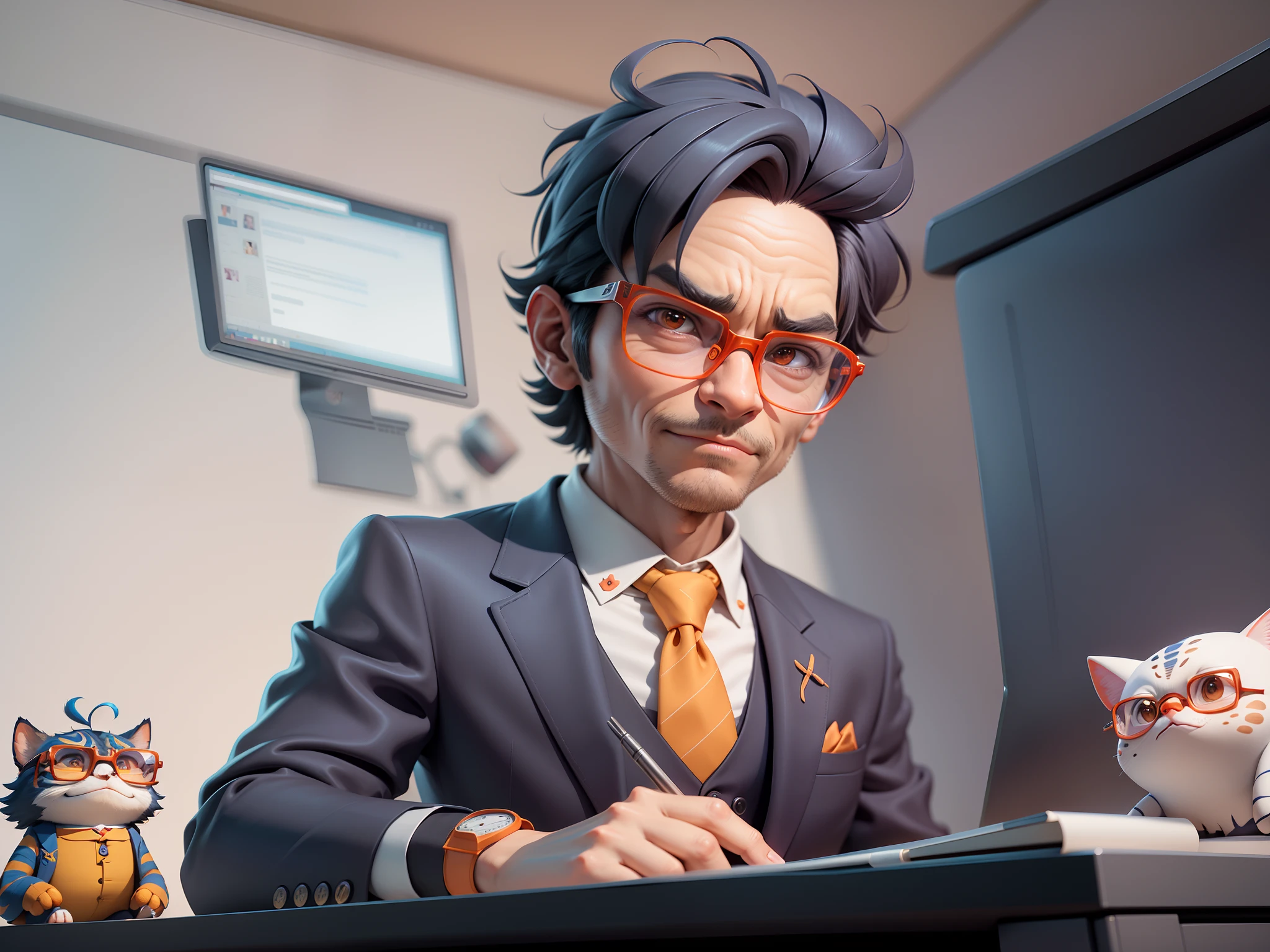 A young man in a suit, Short hair and glasses sat at his desk,holding laptop,digitial painting,tigre,3D character design by Mark Clairen and Pixar and Hayao Miyazaki and Akira Toriyama,4K HD illustration,Very detailed facial features and cartoon-style visuals。