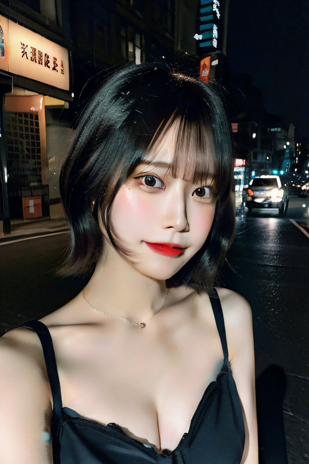 (bra),pantie, Tokyo street,night, cinematic lighting, light on face, cityscape, city lights,1Japanese little girl, upper body, facial close-up, playful pose,(freckles),(short bob hair:1.5), blunt bangs,Put her hair up,blush, (8k, RAW photo, best quality, masterpiece:1.2),(realistic, photo-realistic:1.37) , shot on CineStill 800T, (small chest)