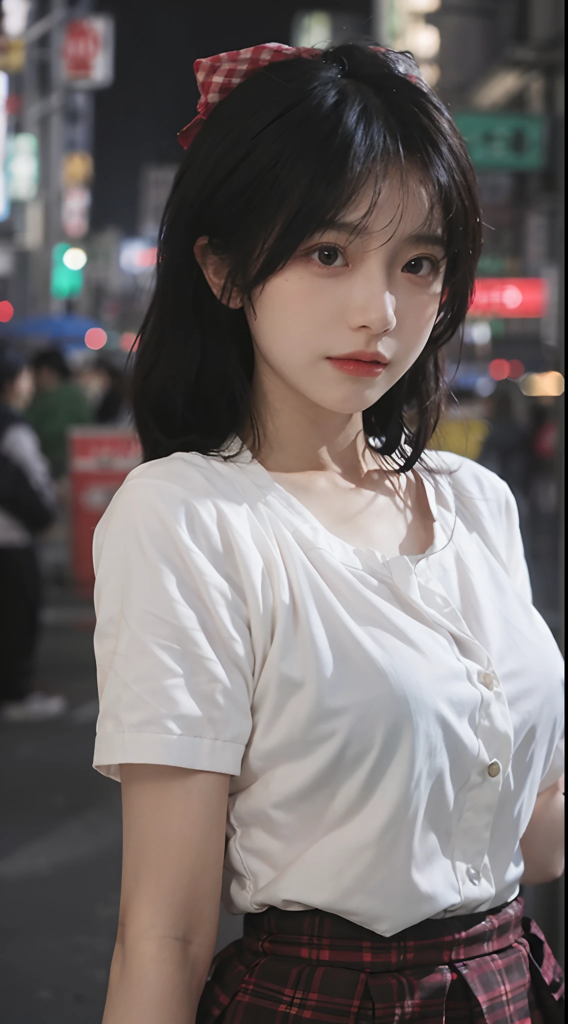 best qualtiy, 超高分辨率, (realisticlying:1.4),2 girls,(natta),(looking at viewert:1.331),(whaite hair),posing on a,Tokyo Street,nightcityscape,Cyberpunk-city,the soft light,1girll,Extremely beautiful face,chest circumference,putdownhands,random hair style,Random expressions,largeeyes,Alvine,(short- sleeved。JK_shirt), JK_Style, (Red JK erotic skirt), (Bow jk erotic binding), blend, best qualtiy