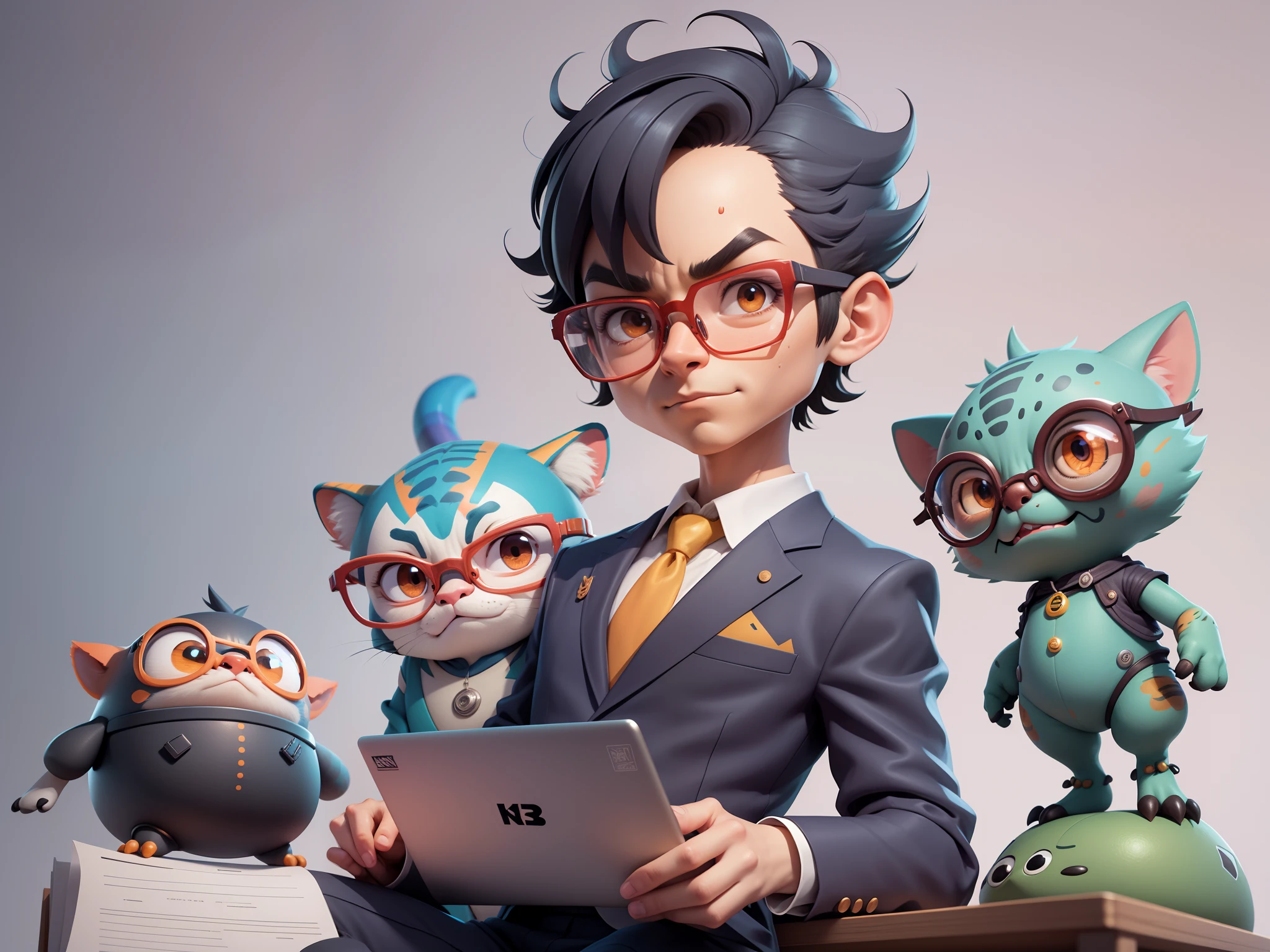 A young man in a suit, Short hair and glasses sat at his desk，holding laptop，digitial painting，tigre，3D character design by Mark Clairen and Pixar and Hayao Miyazaki and Akira Toriyama，4K HD illustration，Very detailed facial features and cartoon-style visuals。