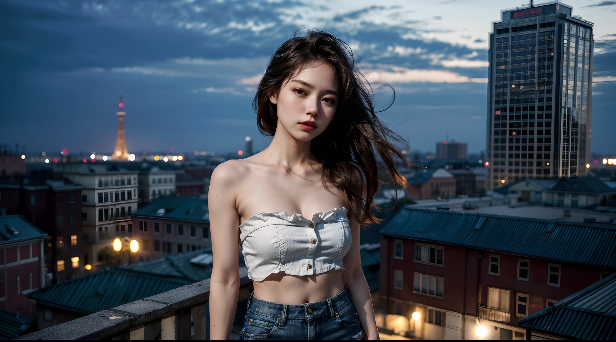 (1girl), russian, solo, long_hair, wearing(denim-strapless-shirt, white-miniskirt), photo(medium-shot), portrait, standing, pov, blurry_background, background(night, tower, rooftop, nightlight), (photorealistic, absurdres, best_quality:1.55),