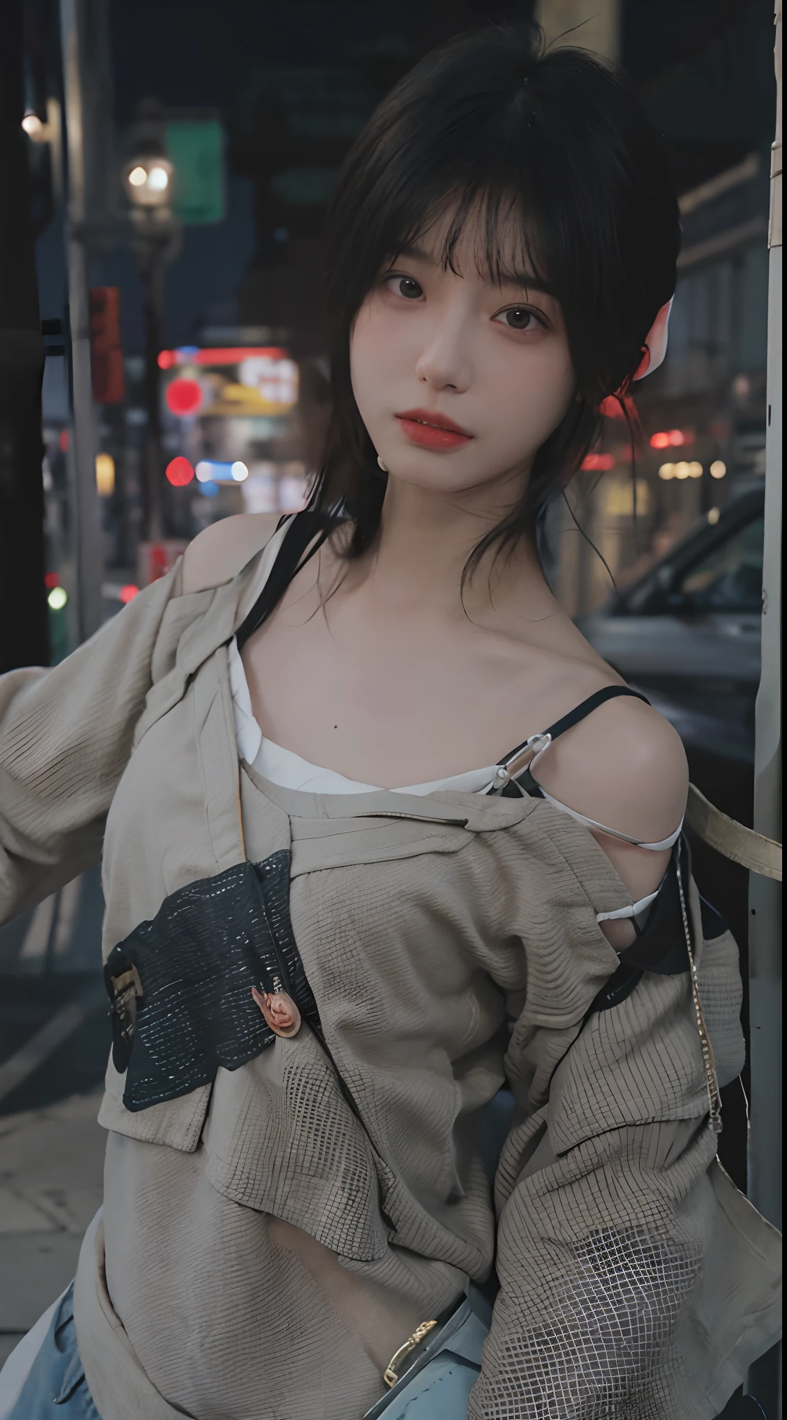 best qualtiy， 超高分辨率， （realisticlying：1.4）， 2girls，Focus:1.2, perfect figure beautiful woman:1.4 , (Streets at night:1.3), Highly detailed facial and skin texture, A detailed eye, 二重まぶた，Red lips，eye shadows，Whiten skin，(Air bangs:1.3),,(Thin strap top:1.4)